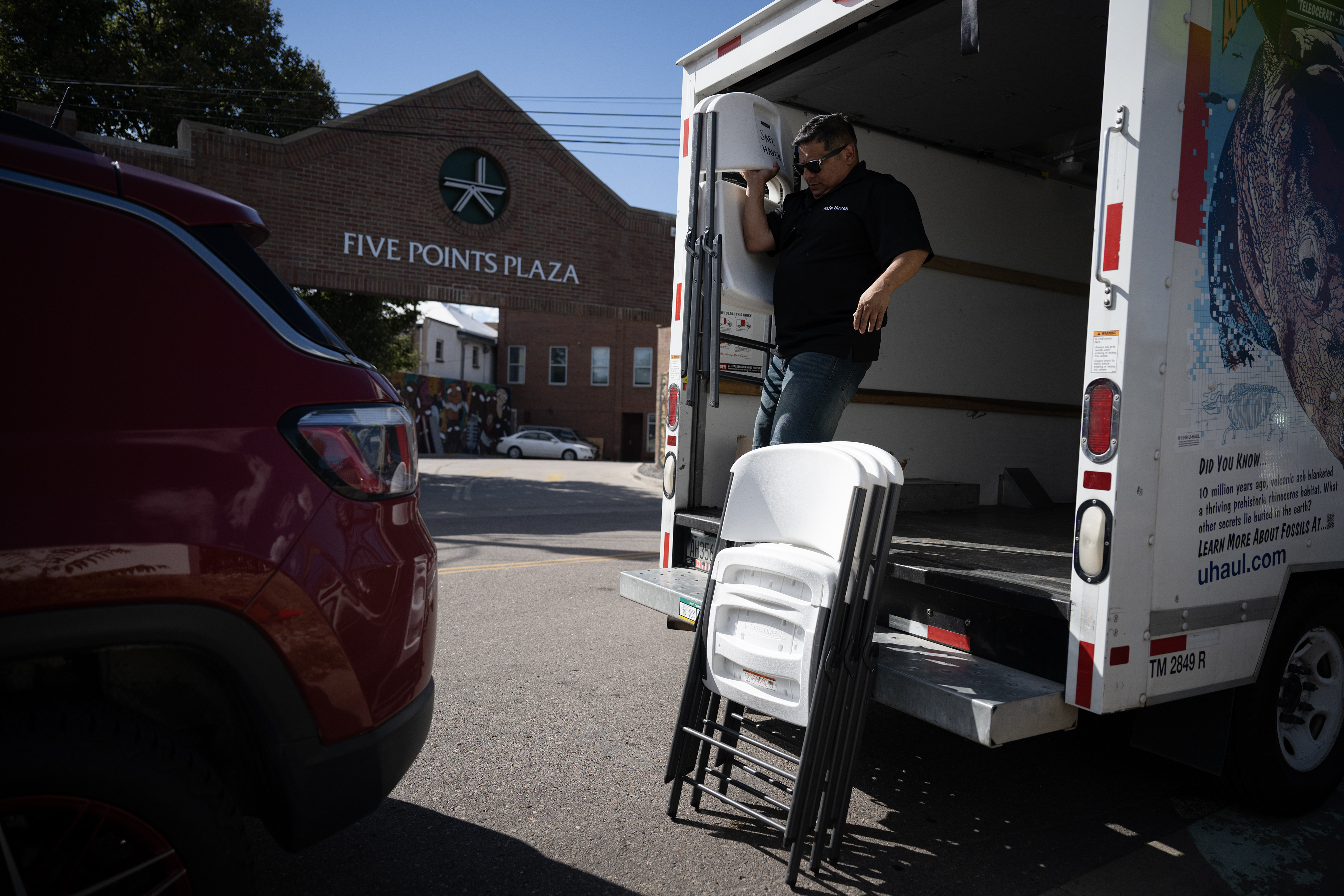 Pastor Glenn Garcia pulls chairs out from a van while setting up for a “Safe Haven Activation” in response to a shooting double-homicide on Aug. 19 as seen on Thursday, Aug. 31, 2023, at Five Points Plaza in Denver. (Timothy Hurst/Denver Gazette) (TimHursttim.hurst@gazette.comhttps://secure.gravatar.com/avatar/aca82bd62b4ee425c598527cd6faa1b1?d=mm&r=g)