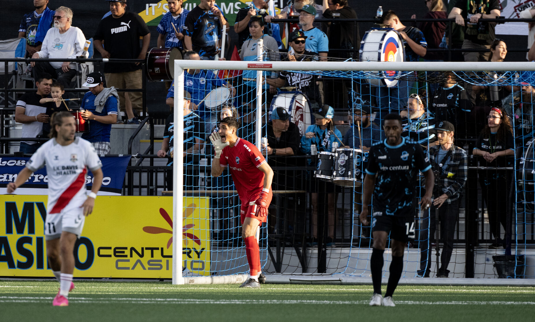 Colorado Springs Switchbacks FC goaltender Christian Herrera hollers to teammates during the first half of a soccer game at Weidner Field on Saturday, Sept. 23, 2023. (Parker Seibold, The Gazette) (Parker Seibold)