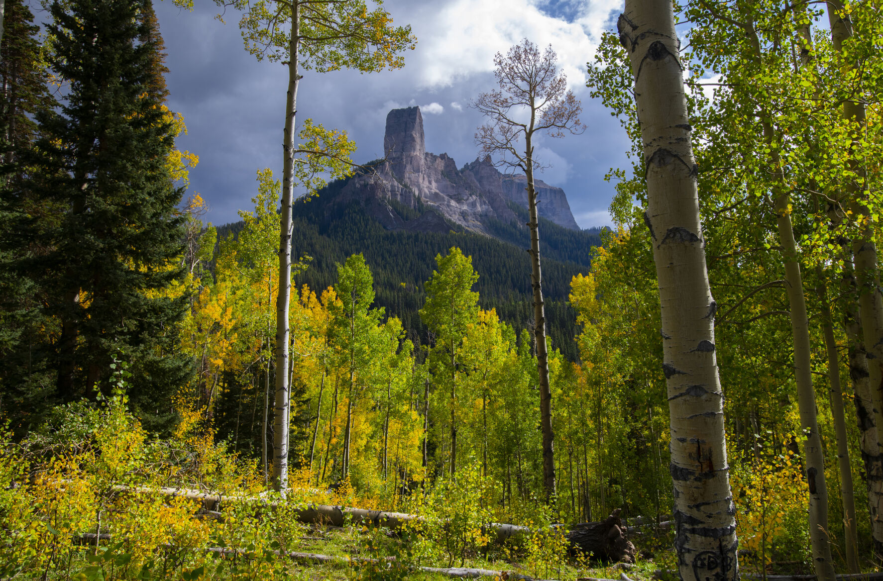 Chimney Rock is framed by the turning aspens on Owl Creek Pass outside Ridgeway, Colo., Wednesday, Sept. 28, 2022. (The Gazette, Christian Murdock) (Owl Creek Pass. Christian Murdock)