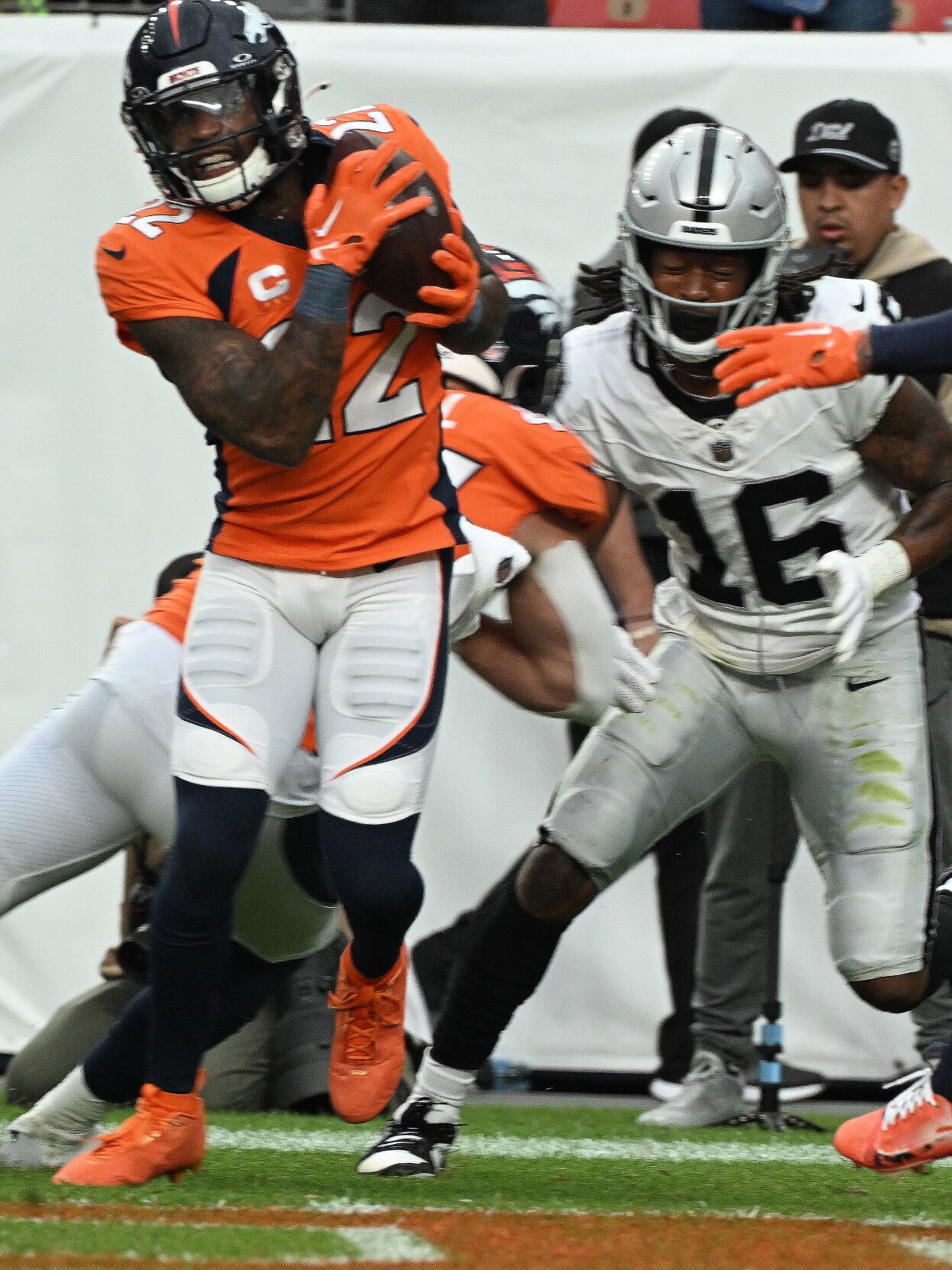 One of the highlights of the game, was an interception by Broncos safety Kareem Jackson in the Raiders end zone in the third quarter at Empower Field at Mile High on Sunday, Sept. 10, 2023. The Broncos narrowly lost the game 17-16. (Photo by Jerilee Bennett, The Gazette)