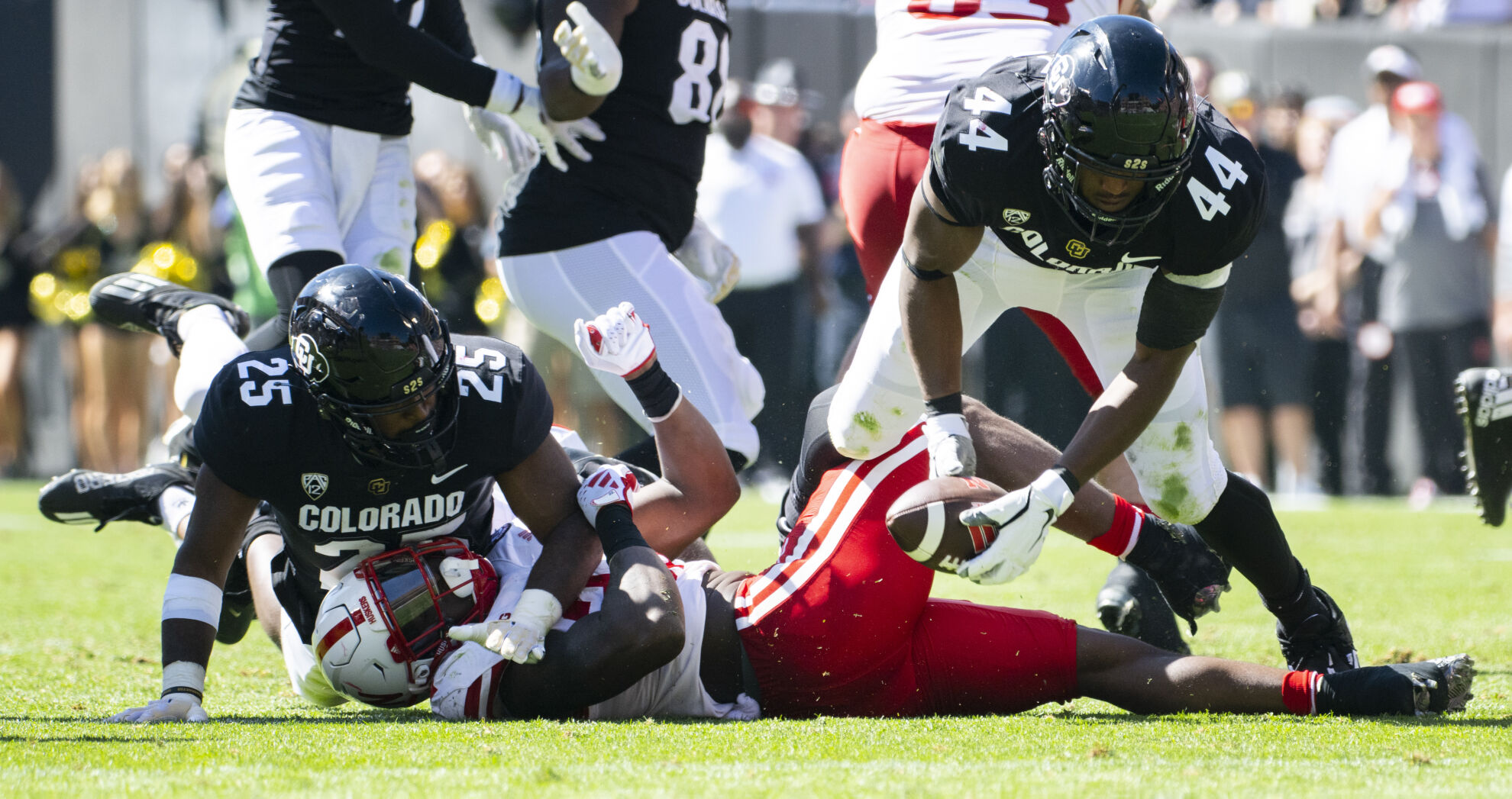 Colorado Buffaloes linebacker Jordan Domineck (44) recovers a fumble by Nebraska Cornhuskers running back Gabe Ervin Jr. (22) during the first half Saturday, Sept. 9, 2023, at Folsom Field in Boulder, Colo. (The Gazette, Christian Murdock) (Christian Murdock/The Gazette)