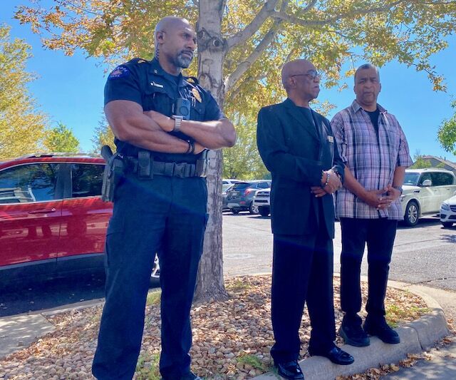 There was armed private and city security inside and outside of Aurora's Rising Star Missionary Baptist Church for Lumumba Sayers Jr.'s celebration of life Sept. 9. Pictured from left to right: Aurora police officer Kevin Barnes, William Payne and Alton Smith of Rising Star security. (Carol McKinley/Denver Gazette)
