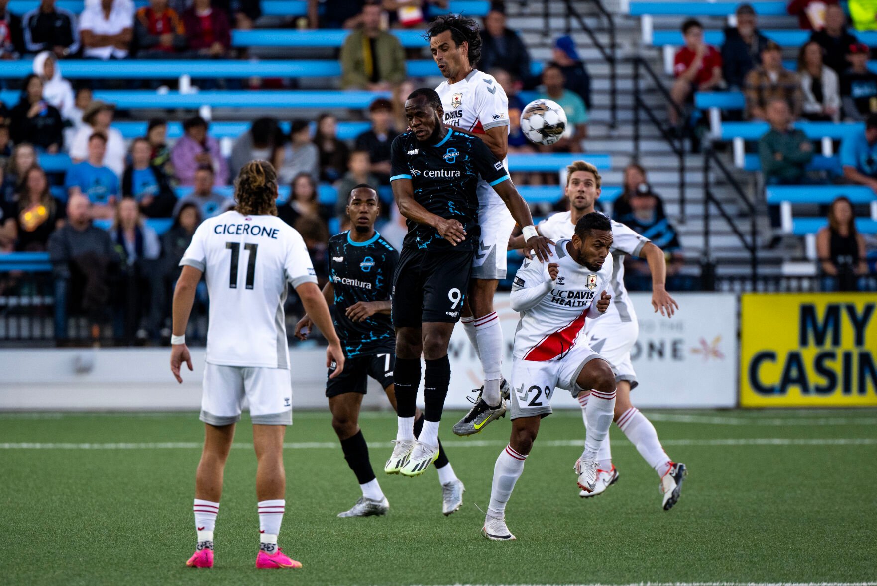 Colorado Springs Switchbacks FC forward Romario Williams (9) jumps to head the ball during the first half of a soccer game against Sacramento Republic FC at Weidner Field on Saturday, Sept. 23, 2023. (Parker Seibold, The Gazette) (Parker Seibold)