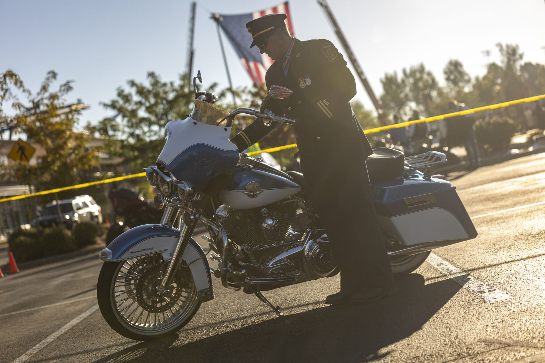Motorcycle riders meet at University Village Shopping Center to prepare for the Ride of Honor, where they will drive about 5 miles to the Fallen Fire Fighter Memorial 2023 Observance in Memorial Park on Saturday, September 16, 2023. (Gabi Broekema)