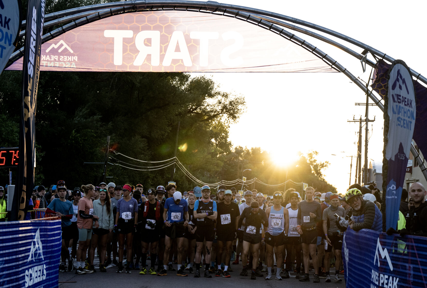 The first wave of runners gathers at the starting line before the Pikes Peak Ascent on Saturday, Sept. 16, 2023. (Parker Seibold, The Gazette) (Parker Seibold)