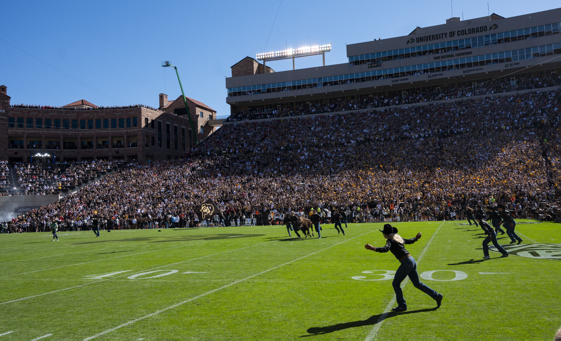 Colorado Buffaloes mascot Ralphie runs onto the field before the start of the Colorado/Nebraska game Saturday, Sept. 9, 2023, at Folsom Field in Boulder, Colo. (The Gazette, Christian Murdock) (Christian Murdock/The Gazette)