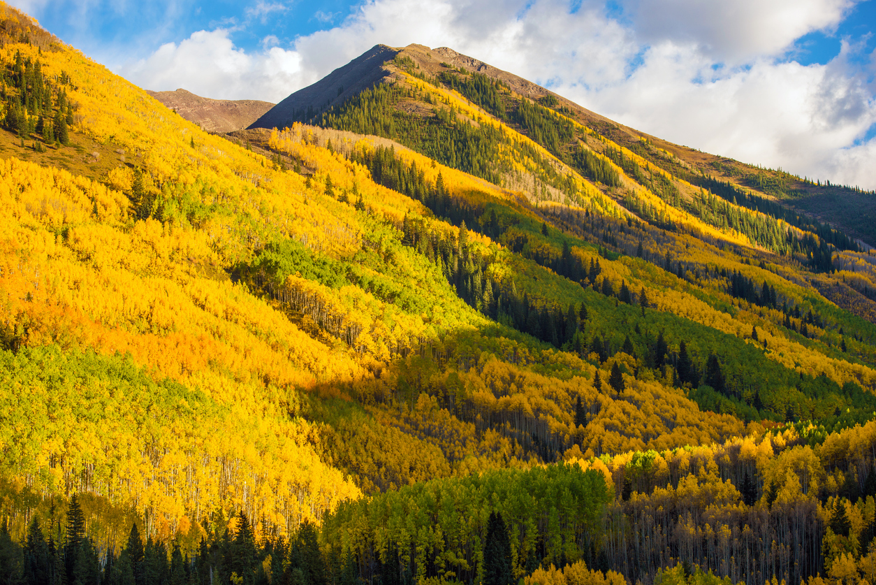 Arguably one of the best Colorado places to see the aspen colors in the fall is a mountain town of the same name. Aspen is a town in Colorado’s mountains surrounded by quaking aspens. Visit the iconic Maroon Bells for a postcard-perfect Colorado scene. When heading to the next destination, be sure to account for time along Highway 82 – Independence Pass for more colorful scenery (but don’t linger on this narrow mountain road in non-designated pull-offs. After Independence Pass, the small town of Twin Lakes and the two mountain lakes here provide great photography spots. (Photo Credit: welcomia (iStock).)