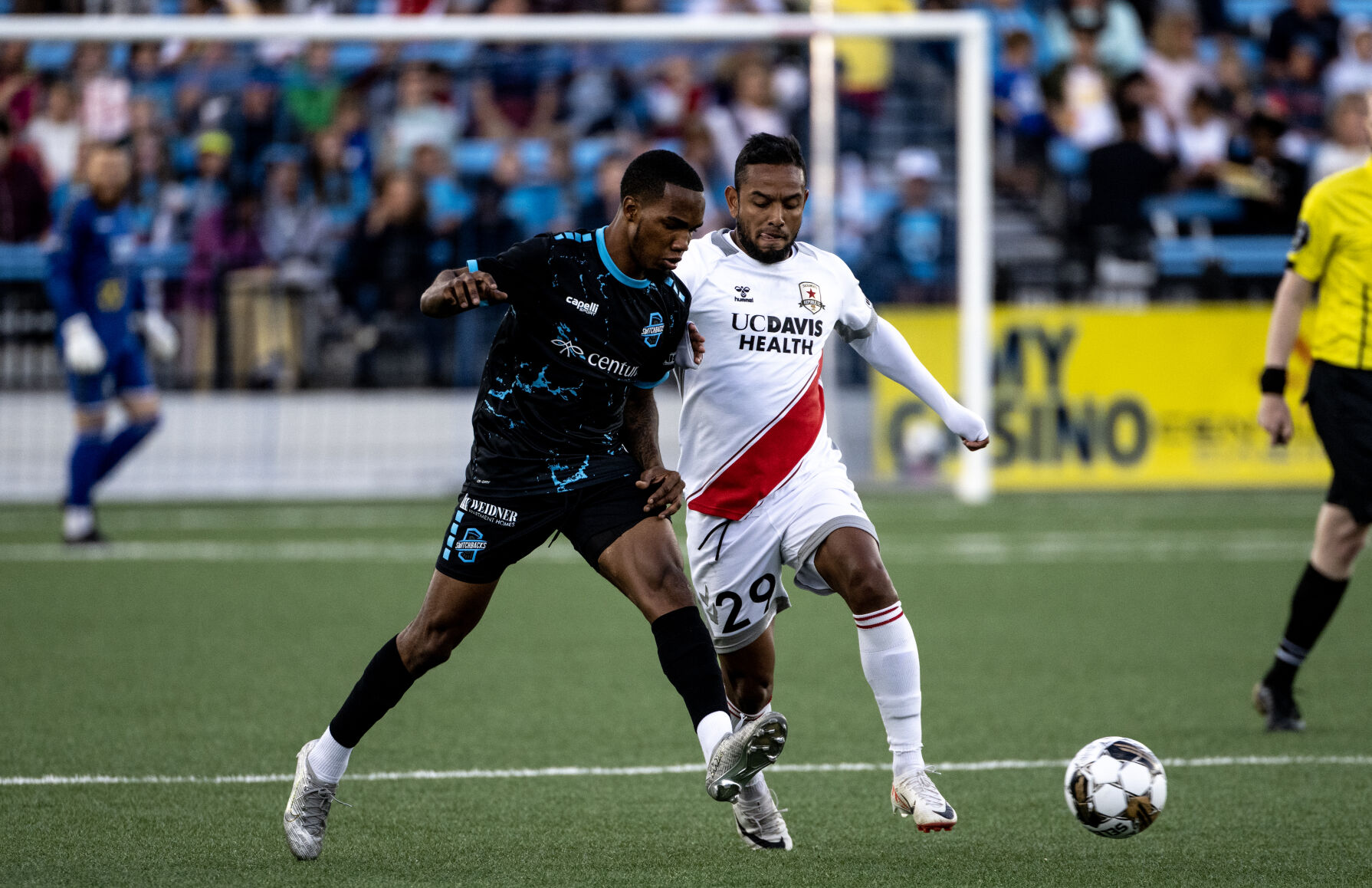Colorado Springs Switchbacks FC forward Deshane Beckford (11) tries to maintain control of the ball during the first half of a soccer game at Weidner Field on Saturday, Sept. 23, 2023. (Parker Seibold, The Gazette) (Parker Seibold)