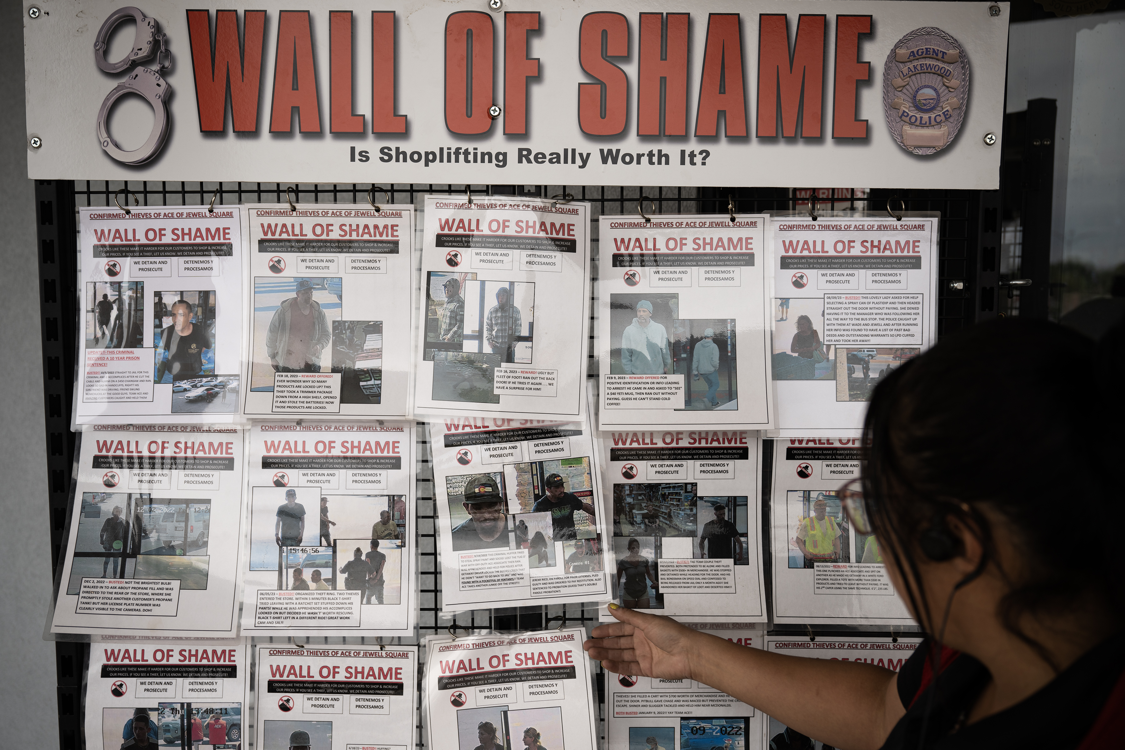 Register manager Vanessa Bellfield describes some of the shoplifters she’s encountered on the “Wall of Shame” featuring photos and descriptions of shoplifters outside the Ace Hardware at the Jewell Square Shopping Center on Friday, Sept. 15, 2023, in Lakewood, Colo. (Timothy Hurst/Denver Gazette) (TimHursttim.hurst@gazette.comhttps://secure.gravatar.com/avatar/aca82bd62b4ee425c598527cd6faa1b1?d=mm&r=g)