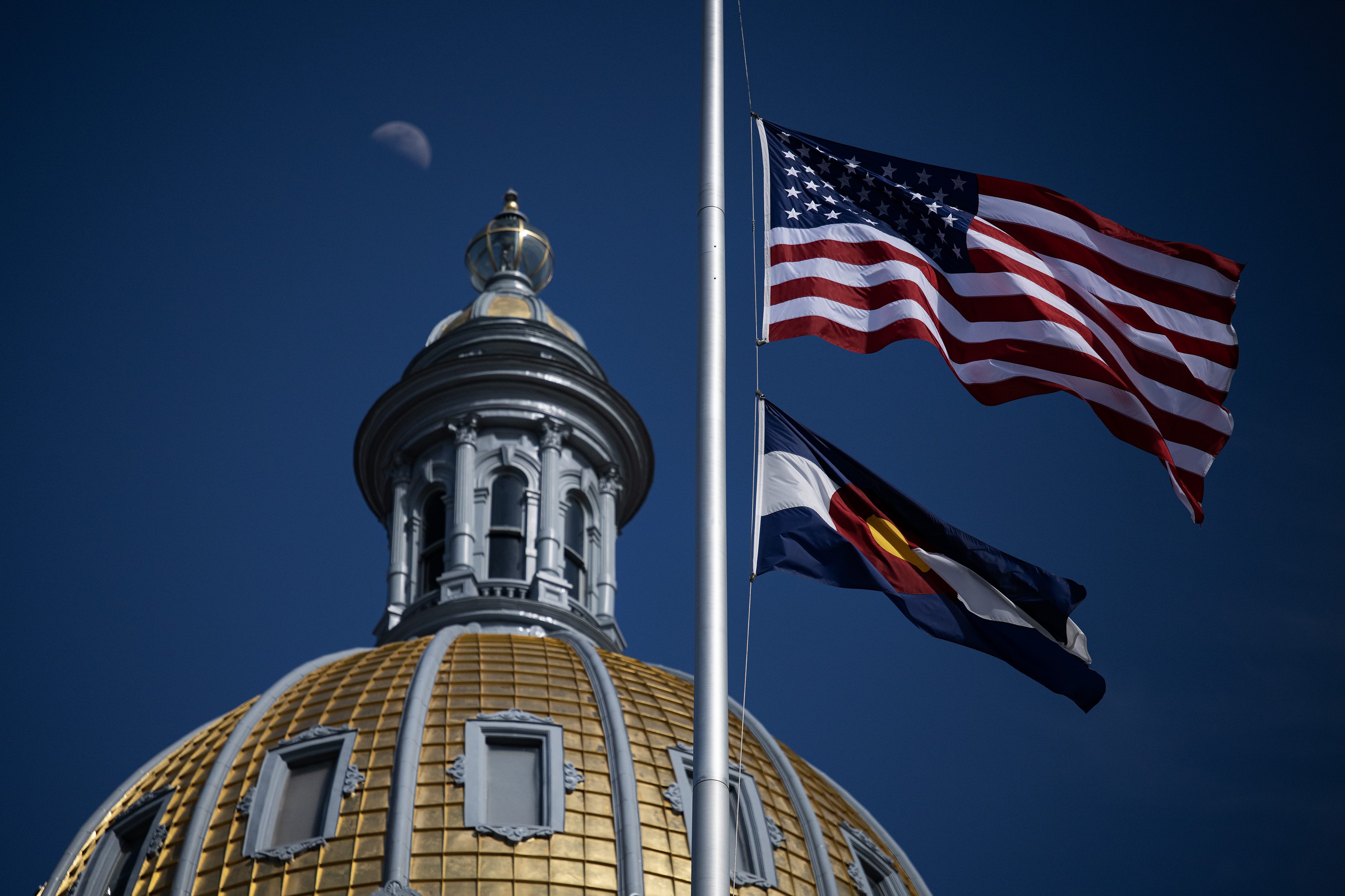Flags are flown at half-staff on the west side of the Colorado State Capitol building in Denver Colo. (Timothy Hurst/Denver Gazette) (TimHursttim.hurst@gazette.comhttps://secure.gravatar.com/avatar/aca82bd62b4ee425c598527cd6faa1b1?d=mm&r=g)