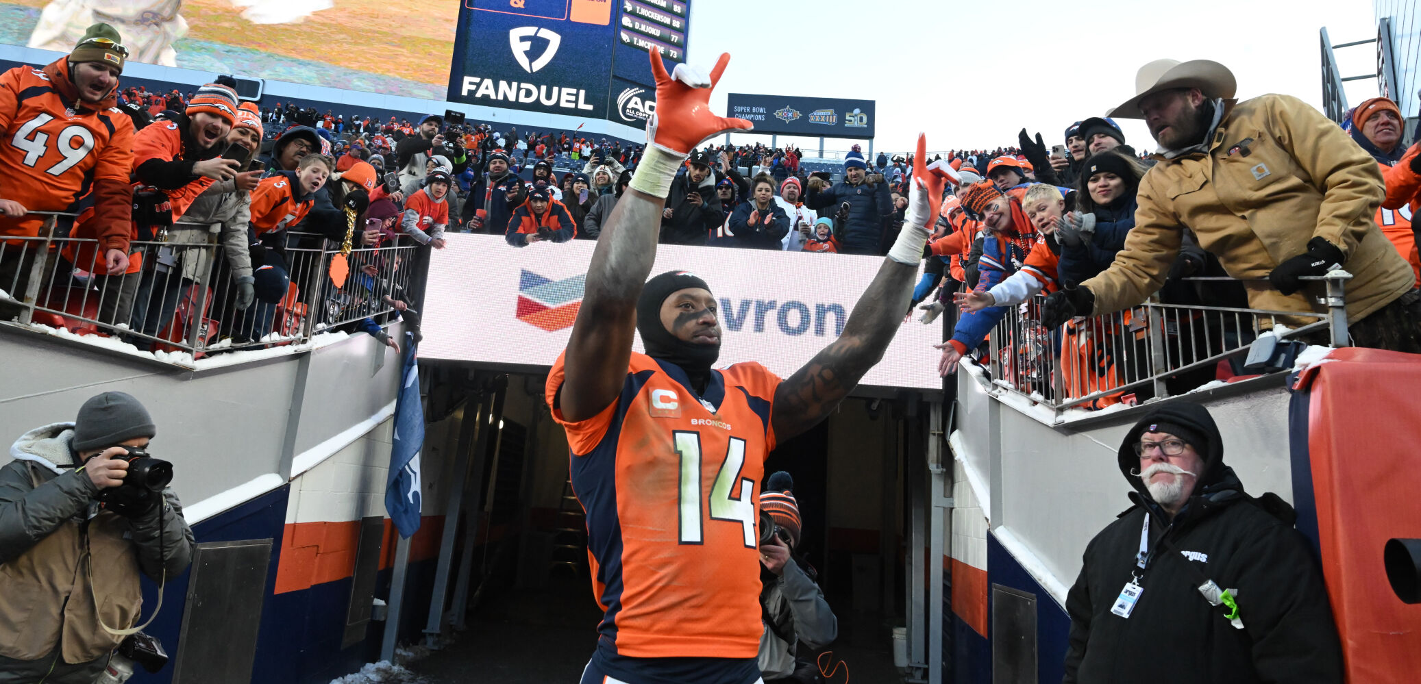 With trade rumors for Denver Broncos wide receiver Courtland Sutton (14), was he celebrating with the crowd or waving goodbye after the game? The Broncos beat the Chiefs 24-9 at Empower Field at Mile High on Sunday, Oct. 30, 2023. (Photo by Jerilee Bennett, The Gazette)