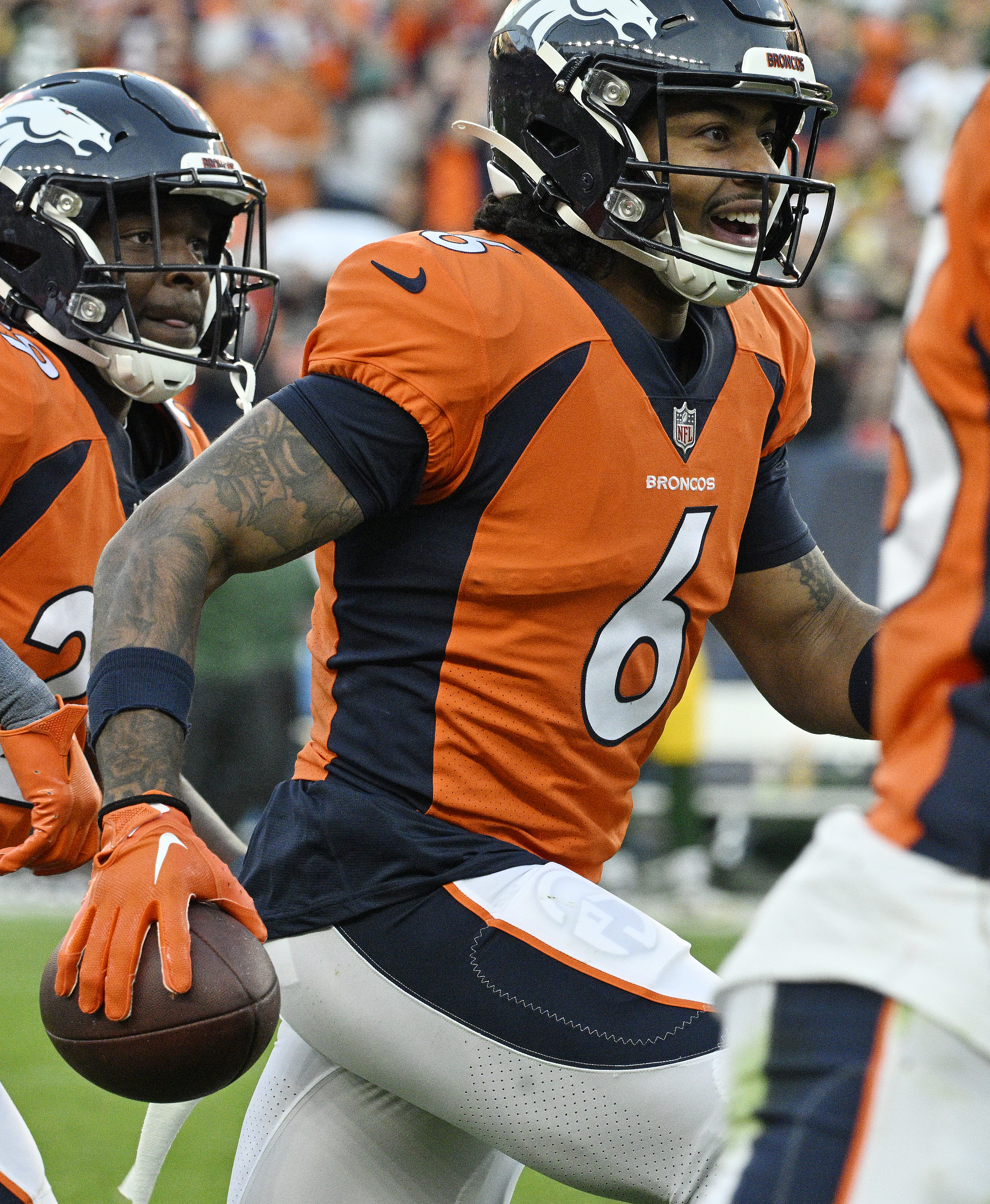 Broncos safety PJ Locke III celebrates after making the game winning interception in the 4th quarter of a game at Empower Field at Mile High on Sunday, Oct. 22, 2023. (Photo by Jerilee Bennett, The Gazette)