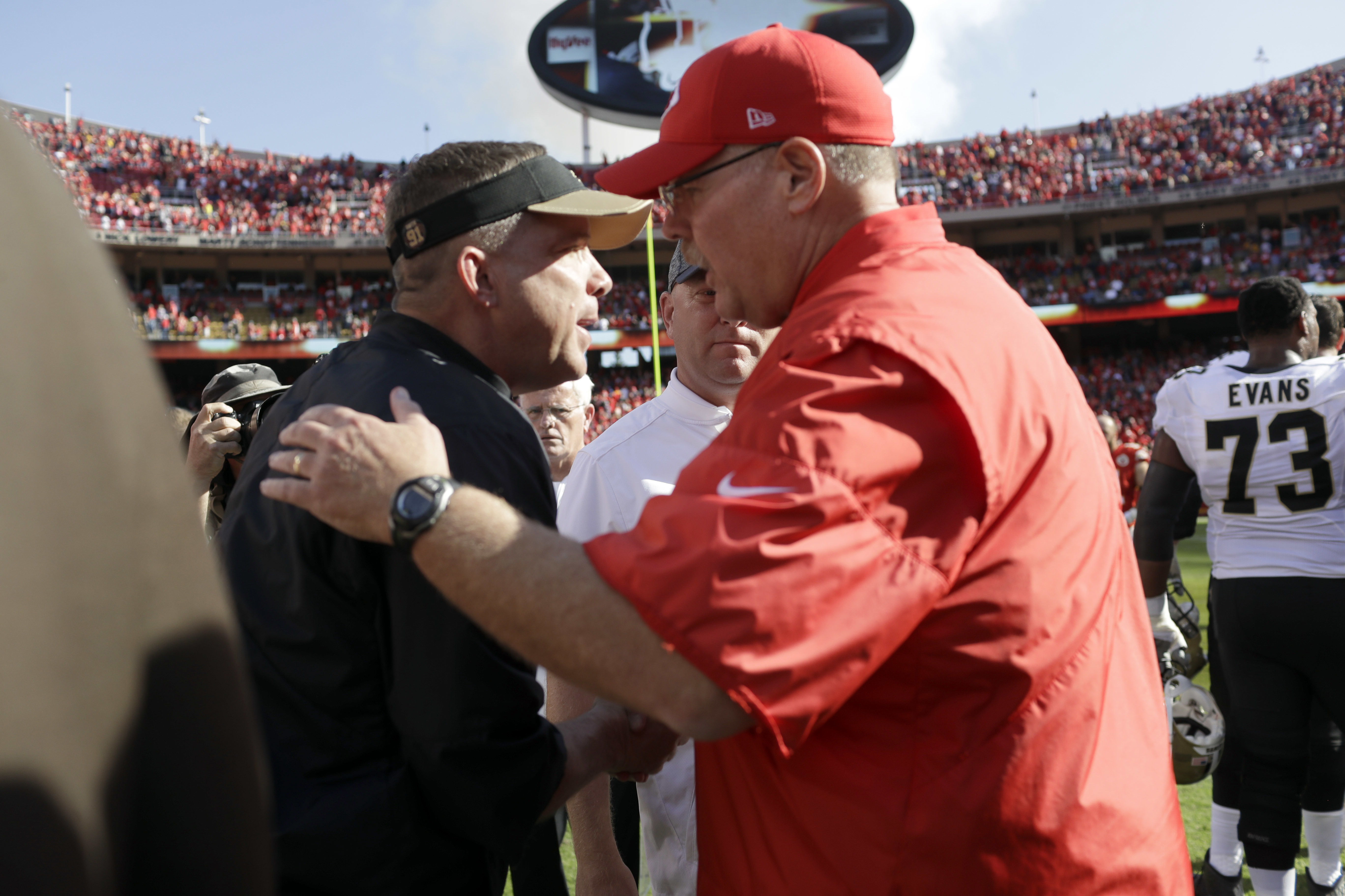 Kansas City Chiefs head coach Andy Reid, right, and New Orleans Saints head coach Sean Payton shake hands following an NFL football game Sunday, Oct. 23, 2016, in Kansas City. The Chiefs won 27-21. (AP Photo/Jeff Roberson) (Jeff Roberson)
