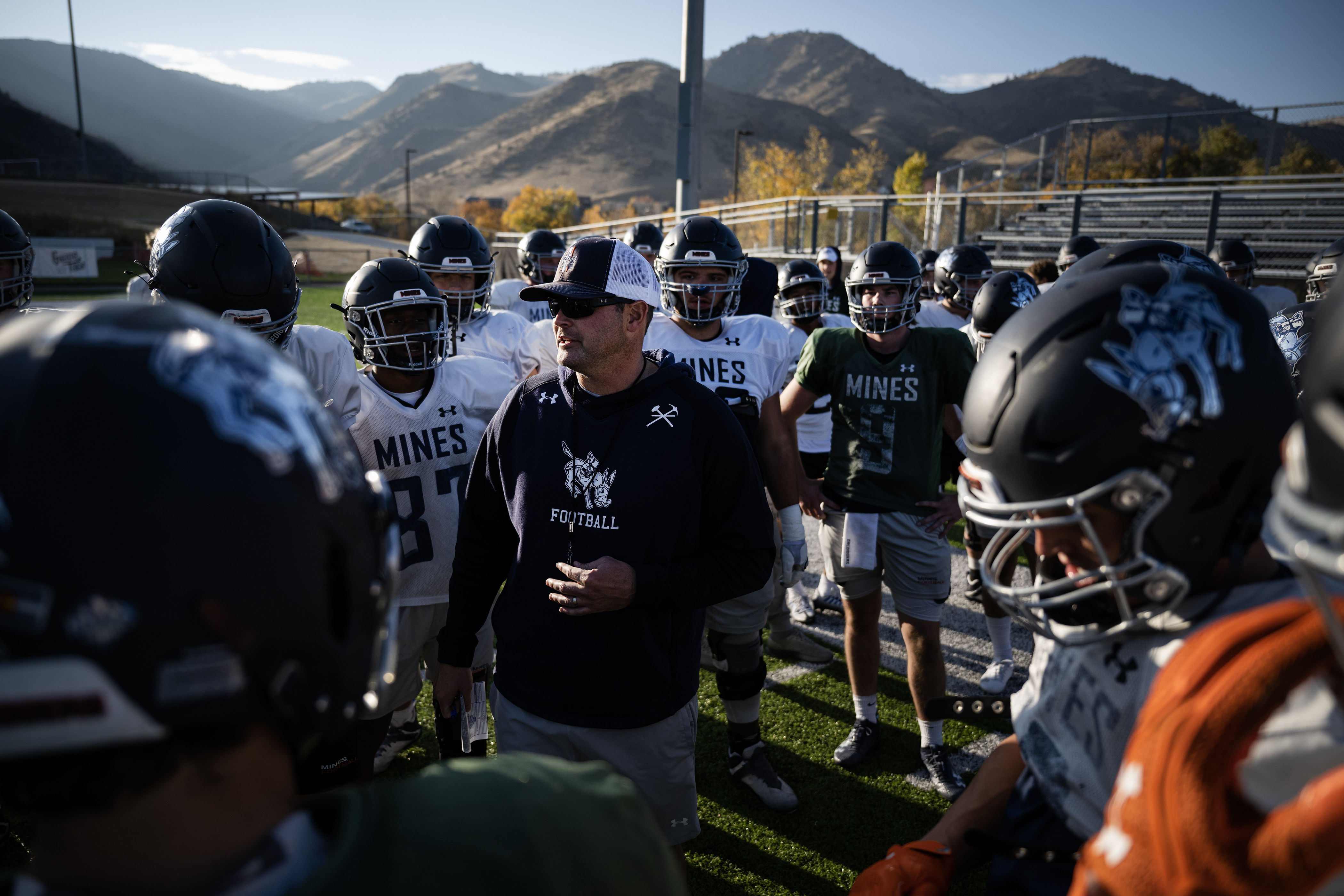 Colorado School of Mines head coach Pete Sterbick talks to the offense before two-minute-drills at practice on Wednesday, Oct. 25, 2023, at Marv Kay Stadium in Golden, Colo. (Timothy Hurst/Denver Gazette) (TimHursttim.hurst@gazette.comhttps://secure.gravatar.com/avatar/aca82bd62b4ee425c598527cd6faa1b1?d=mm&r=g)
