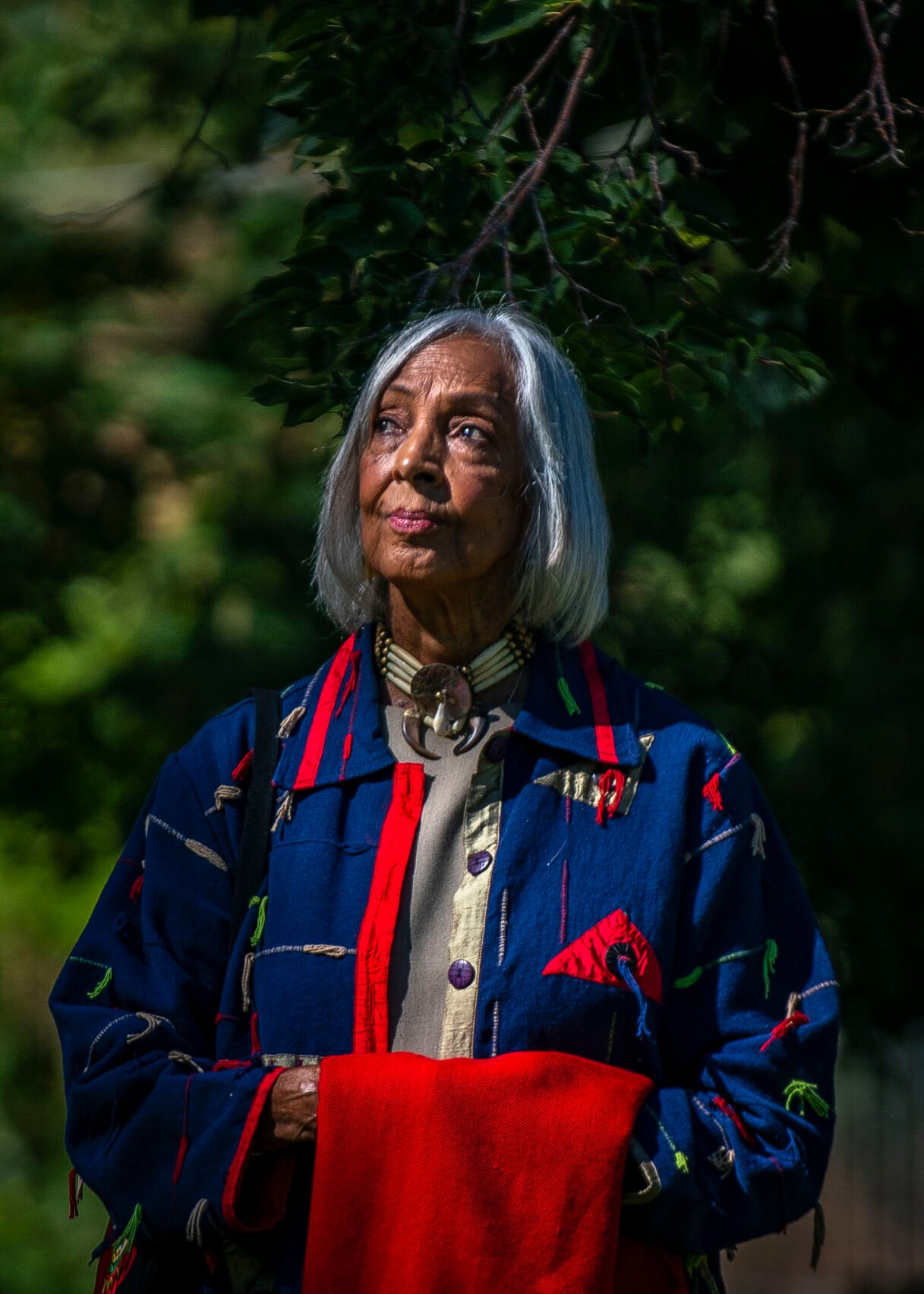 Southern Ute and Cherokee descendant Marguerite Cantu of Colorado Springs looks to the sun during the ‘Planting of the Peace Tree,’ ceremony at Mansions Park in Manitou Springs, Colo. on Sunday, Oct. 8, 2023. Cantu is the granddaughter of the well-know Chief Buckskin Charlie, one of the last traditional indigenous chiefs of the Ute tribe in the Manitou Springs area and a leader in dedicating the Ute Indian Trail in 1912. (Gabi Broekema, The Gazette) (Gabi Broekema)