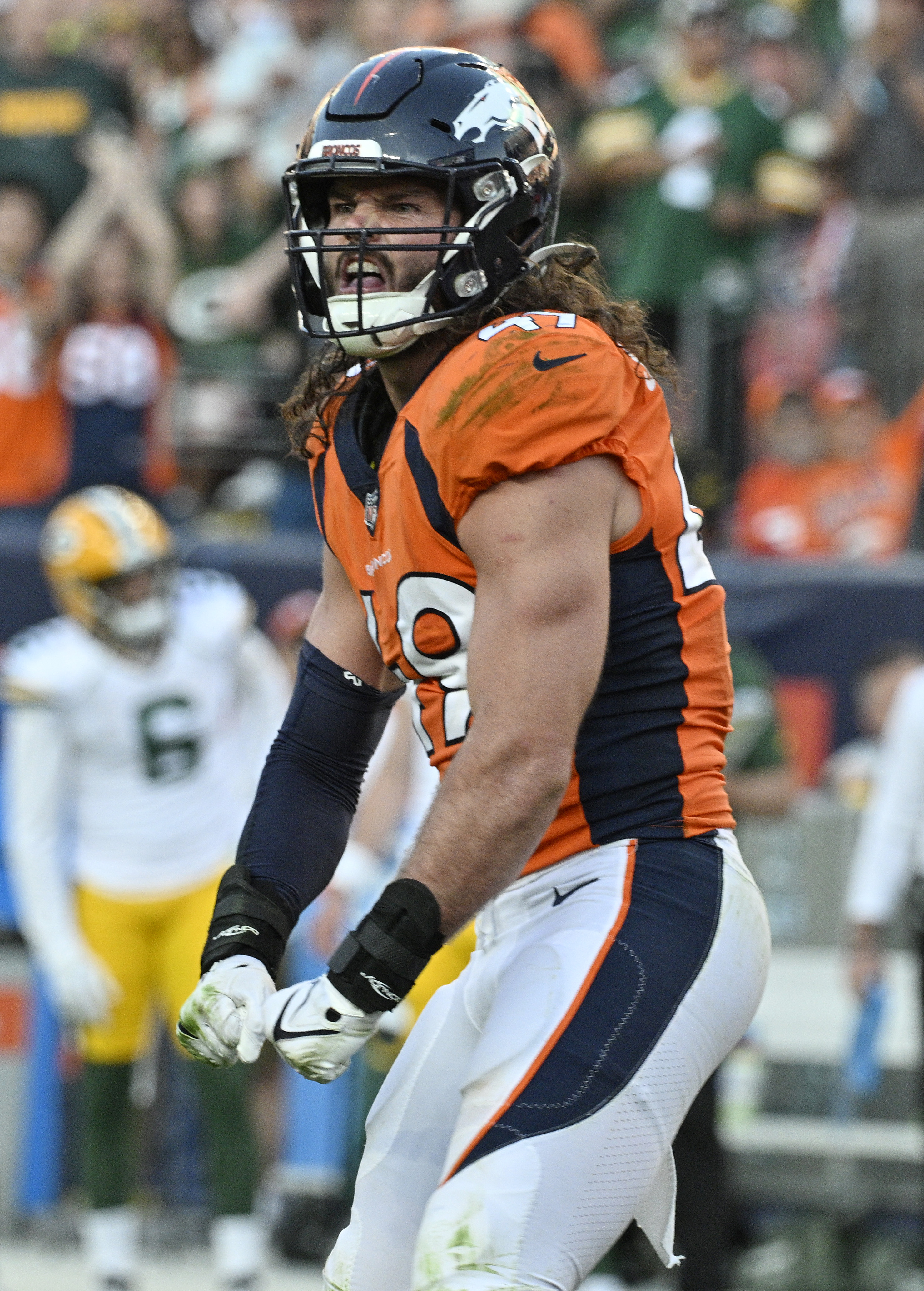 Denver Broncos linebacker Alex Singleton (49) celebrates during a game at Empower Field at Mile High on Sunday, Oct. 22, 2023. (Photo by Jerilee Bennett, The Gazette)