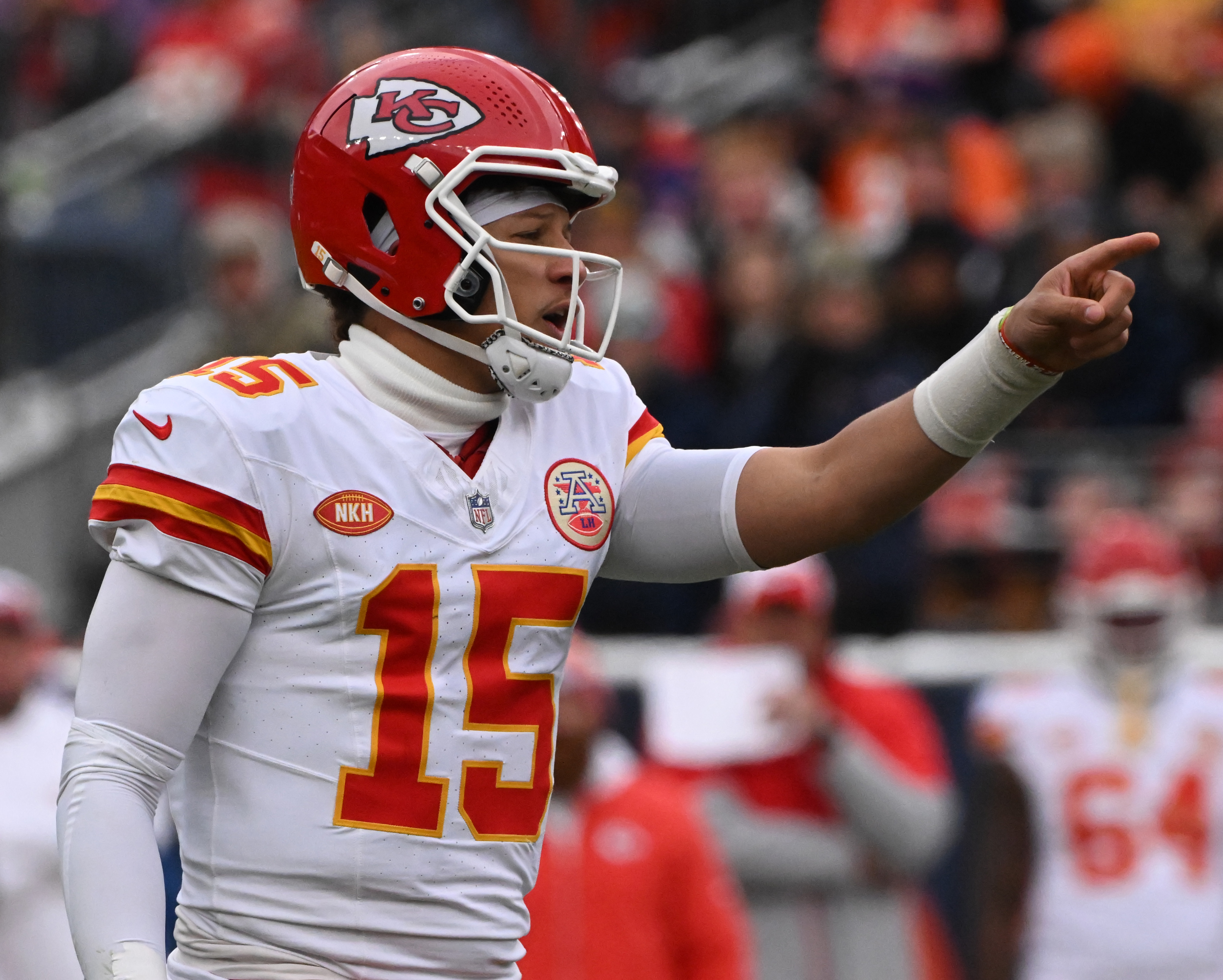 Kansas City Chiefs quarterback Patrick Mahomes (15) makes a command during a game at Empower Field at Mile High on Sunday, Oct. 29, 2023. The Broncos won the game 24-9. (Photo by Jerilee Bennett, The Gazette)