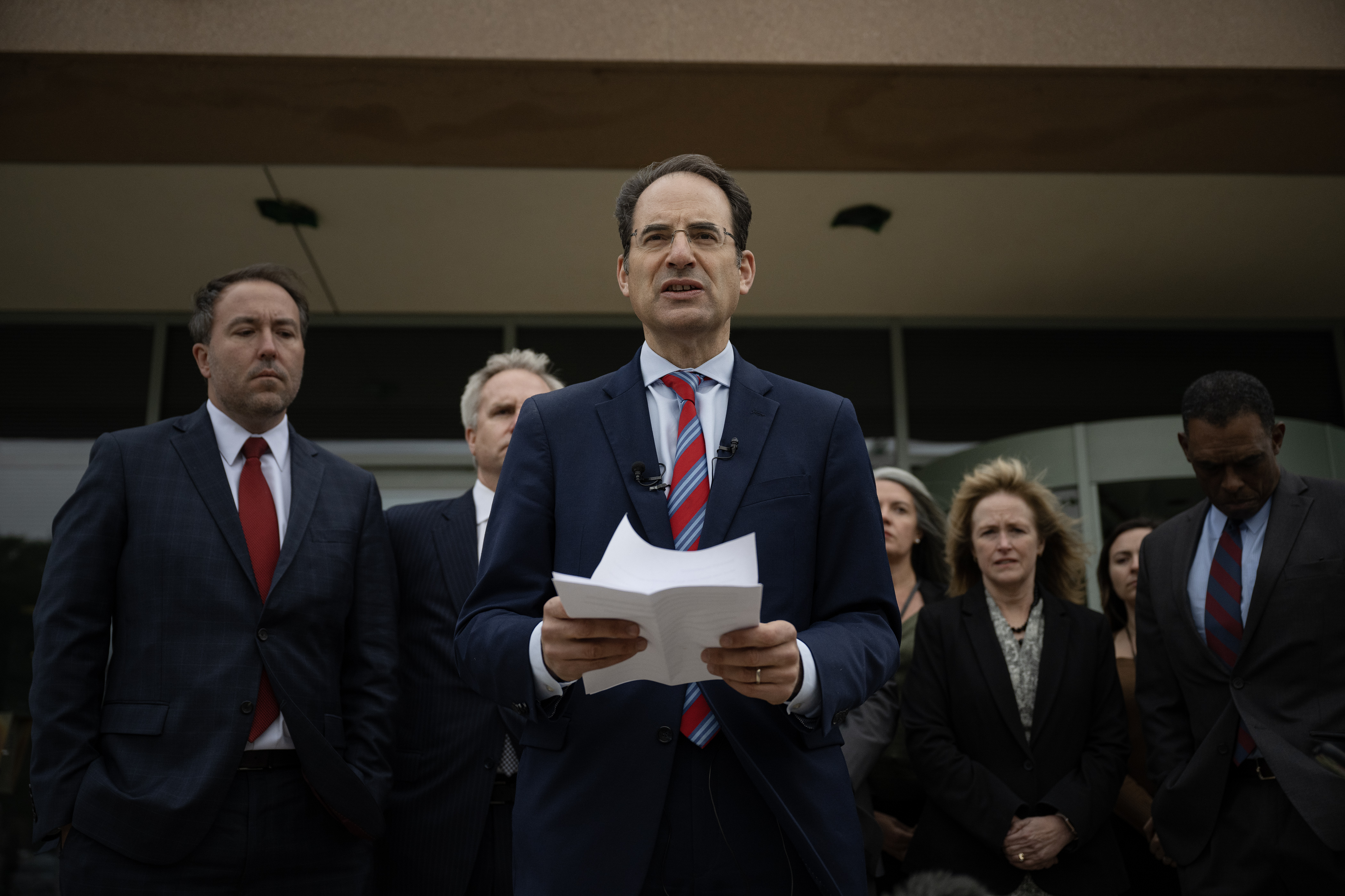 Colorado Attorney General Phil Weiser reads prepared remarks outside the Adams County Justice Center after the verdicts were read in the trial of Aurora Officer Randy Roedema and former officer Jason Rosenblatt on Thursday, Oct. 12, 2023, at the Adams County Court in in Brighton, Colo. (Timothy Hurst/Denver Gazette) (Timothy Hurst/Denver Gazette)
