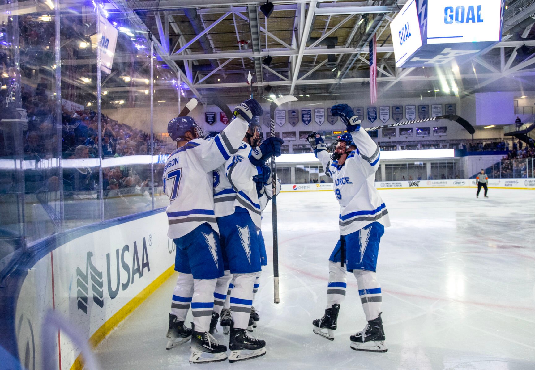 Air Force Academy hockey players celebrate after scoring in the first period of a game against Michigan State Thursday, Oct. 12, 2023, at the Cadet Ice Arena on the Air Force Academy in Colorado Springs, Colo. (Parker Seibold, The Gazette) (Parker Seibold)