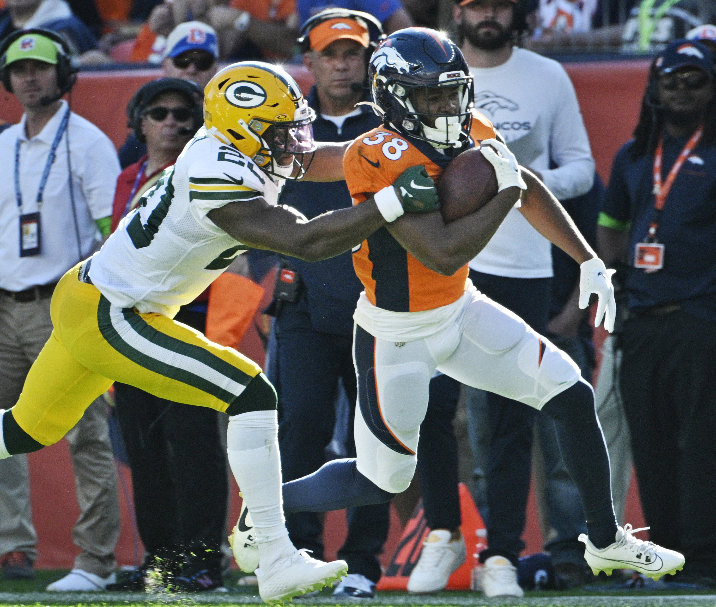 Denver Broncos running back Jaleel McLaughlin (38) carries the ball during a game at Empower Field at Mile High on Sunday, Oct. 22, 2023. (Photo by Jerilee Bennett, The Gazette)