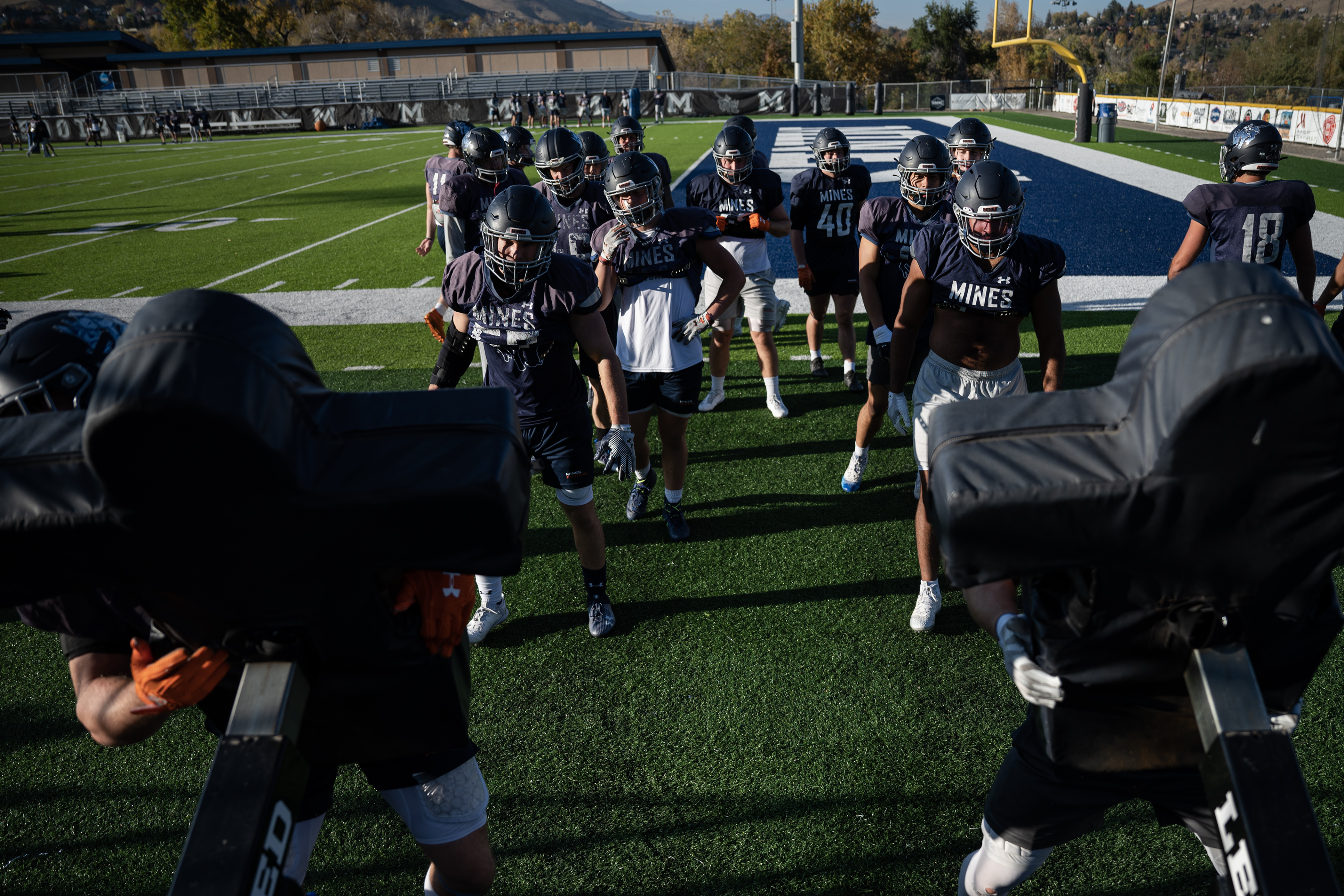 Colorado School of Mines linebackers line up to hit the tackle sled during a practice on Wednesday, Oct. 25, 2023, at Marv Kay Stadium in Golden, Colo. (Timothy Hurst/Denver Gazette) (TimHursttim.hurst@gazette.comhttps://secure.gravatar.com/avatar/aca82bd62b4ee425c598527cd6faa1b1?d=mm&r=g)