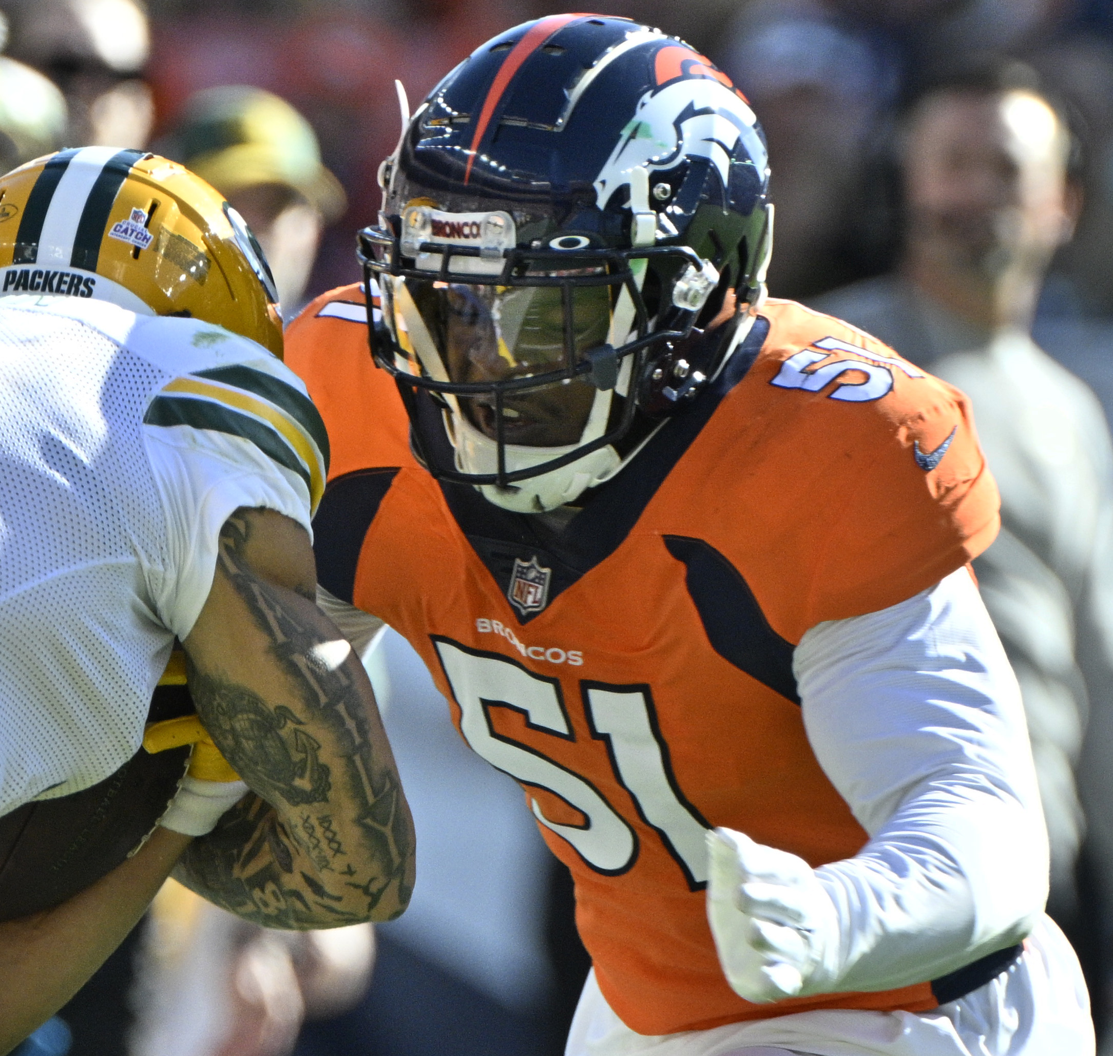 Denver Broncos defensive end Ronnie Perkins (51) defends a Packer during a game at Empower Field at Mile High on Sunday, Oct. 22, 2023. (Photo by Jerilee Bennett, The Gazette)