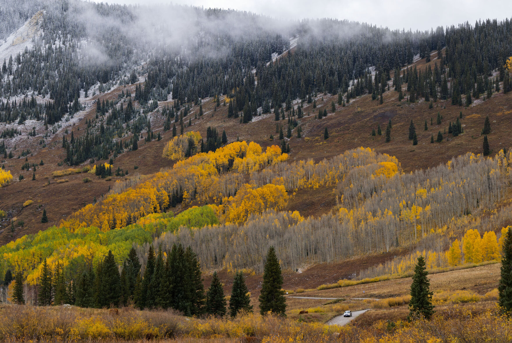 A car drives through the aspens on its way to Gothic, Colo., from Crested Butte Tuesday, Oct. 3, 2023. (The Gazette, Christian Murdock) (Christian Murdock/The Gazette)
