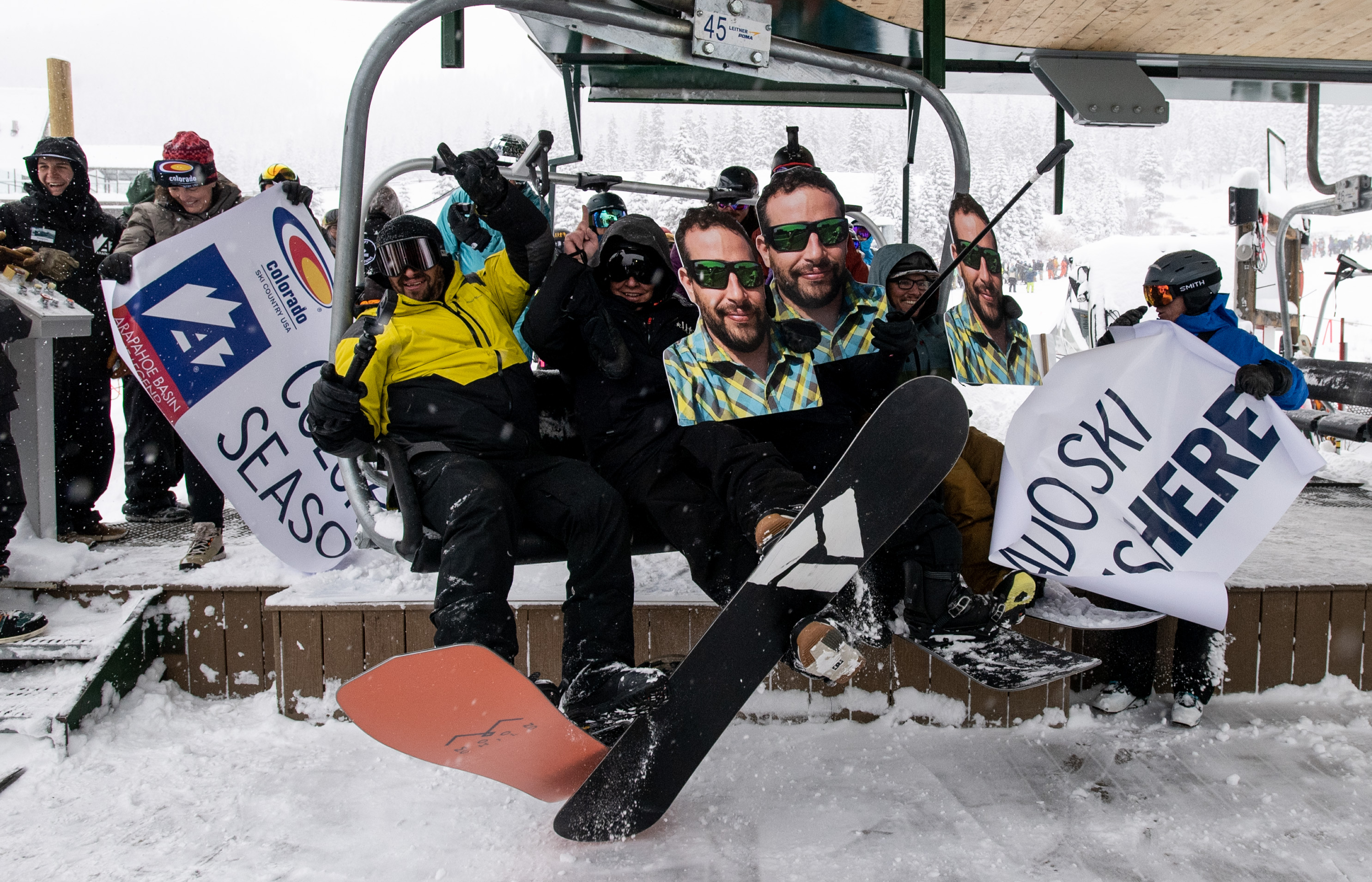 Nate Dogggg, Trailer Tom, Chad Otterstrom and Anthony Uglade celebrate getting first chair during Arapahoe Basin’s opening day on Sunday, Oct. 29, 2023. Nate Dogggg has become a local legend and this year is his 31st getting first chair. (Parker Seibold, The Gazette) (Parker Seibold)