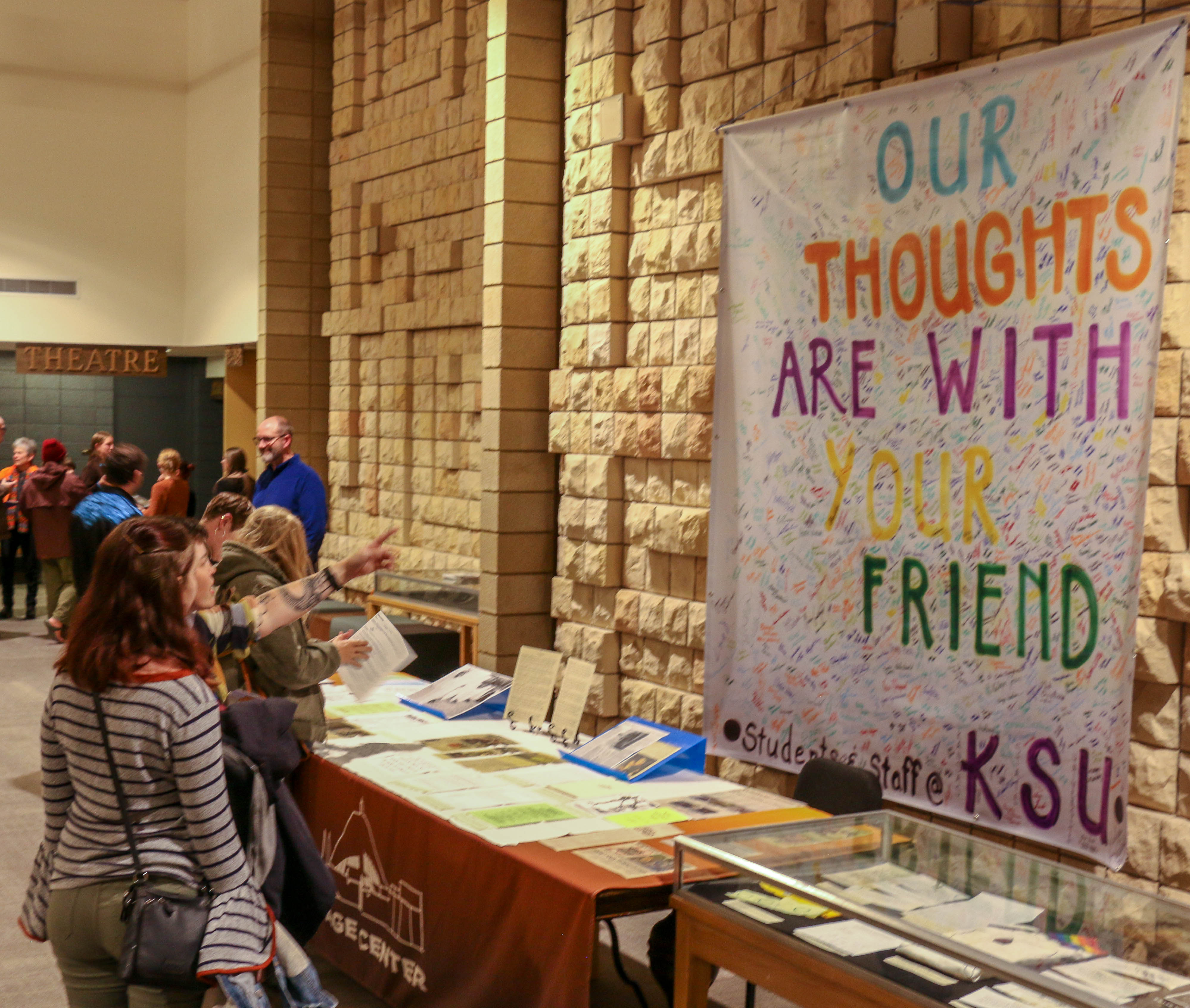 The wall in the Buchanan Center is adorned with a banner signed by students from Kansas State University and sent to th University of Wyoming following the 1998 murder of Matthew Shepard. (JOHN MOORE, DENVER GAZETTE)