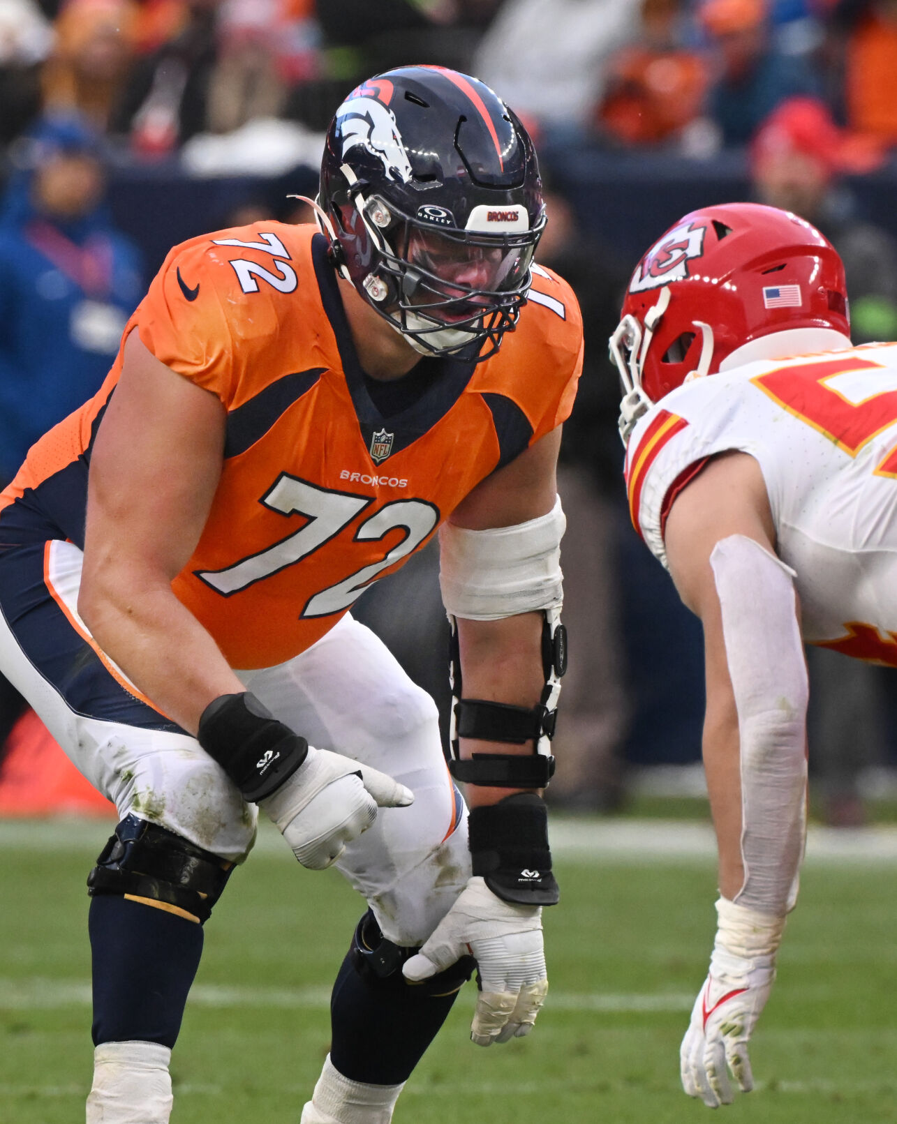Denver Broncos offensive tackle Garett Bolles (72) lines up at the line of scrimmage during a game at Empower Field at Mile High on Sunday, Oct. 30, 2023. The Broncos defeated the Chiefs 24-9. (Photo by Jerilee Bennett, The Gazette)