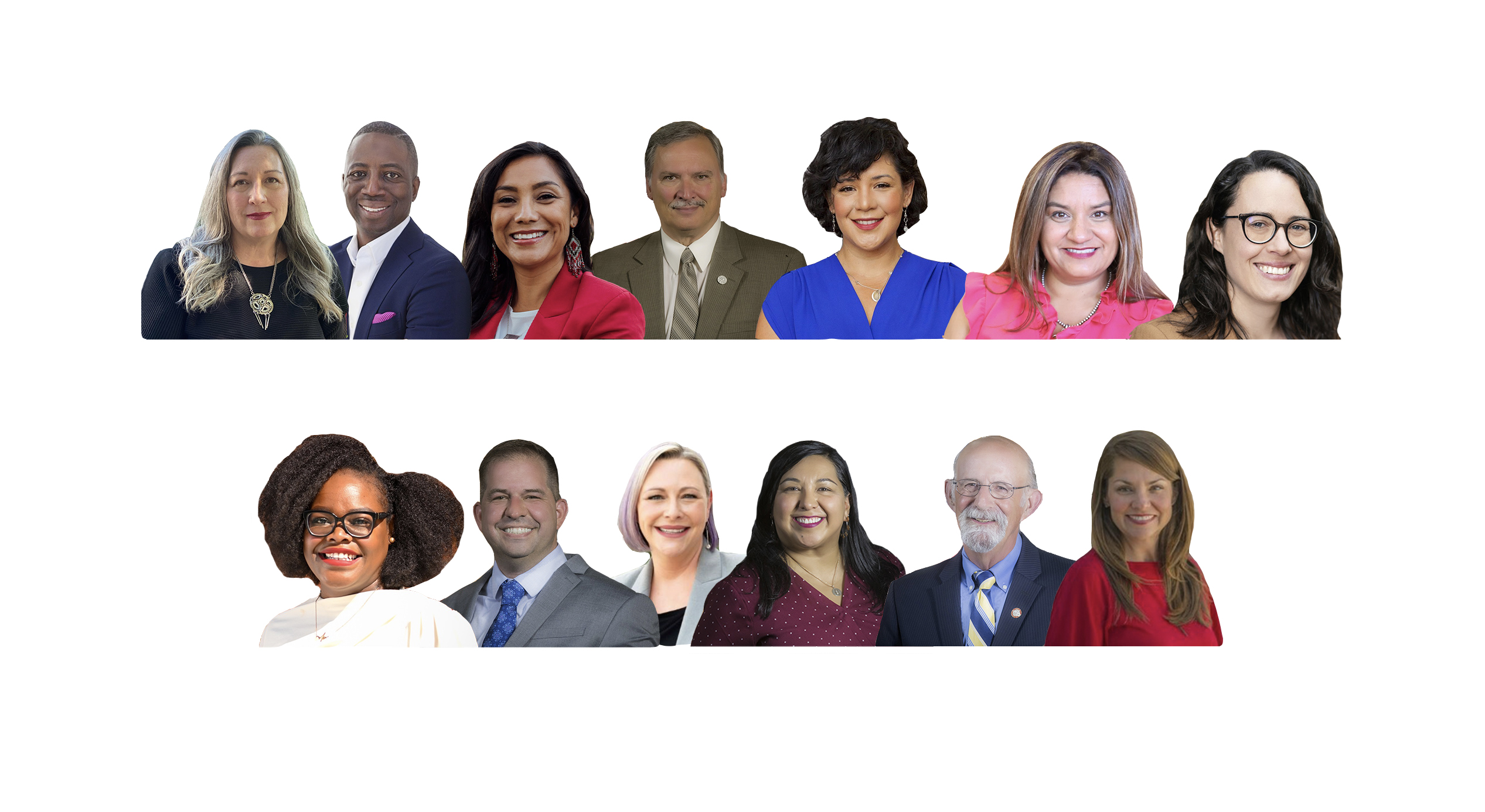 The Denver City Council. Top, from left: Stacie Gilmore; Darrel Watson; Serena Gonzales-Gutierrez; Kevin Flynn; Flor Alvidrez; Diana Romero Campbell; Sarah Parady. Bottom, from left: Shontel M. Lewis; Chris Hinds; Amanda Sawyer; Jamie Torres; Paul Kashmann; Amanda P. Sndoval. Portraits courtesy of the city of Denver. (Compiled by Tom Hellauer)