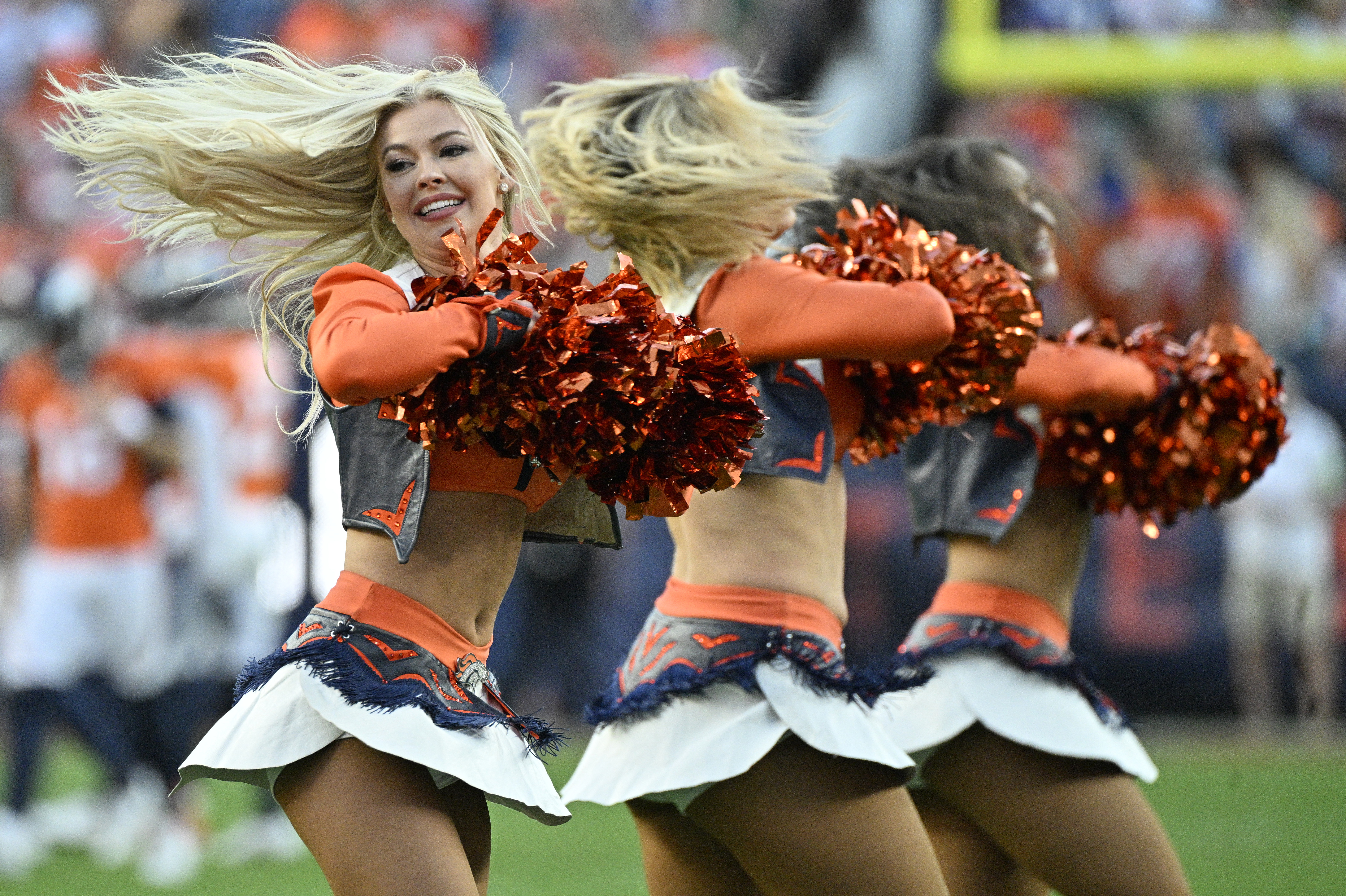 Broncos cheerleaders perform during a game at Empower Field at Mile High on Sunday, Oct. 22, 2023. (Photo by Jerilee Bennett, The Gazette)