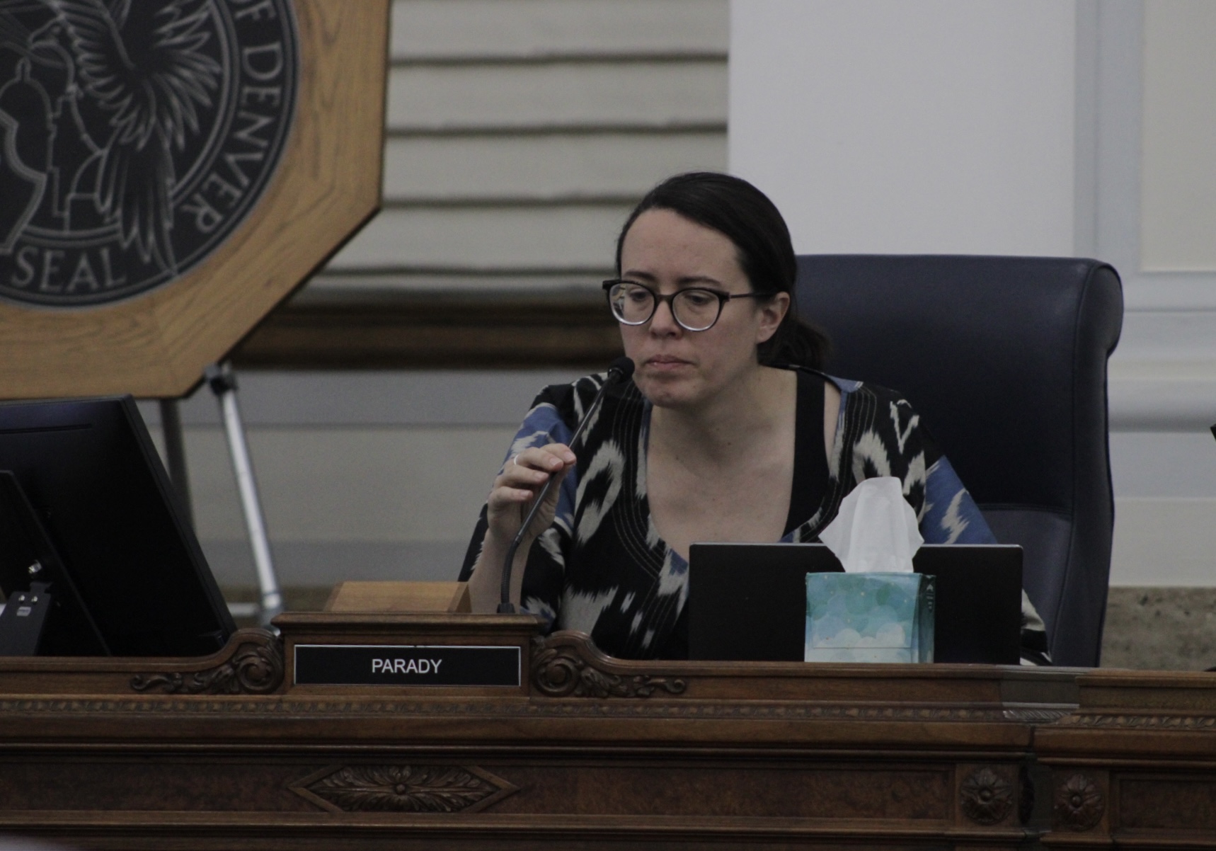 Councilwoman at-large Sarah Parady voting during the Denver City Council's 2024 budget amendments session on Monday, Oct. 30. Parady was a sponsor for all four budget amendements proposed on the first of two days to discuss it. (Noah Festenstein/The Denver Gazette) (NoahFestensteinCity Government Reporternoah.festenstein@denvergazette.comhttps://denvergazette.com/content/tncms/avatars/9/f0/326/9f032698-379f-11ee-8053-8bacbed4931f.60984dba383441d9647e0e740a08a8e6.png)