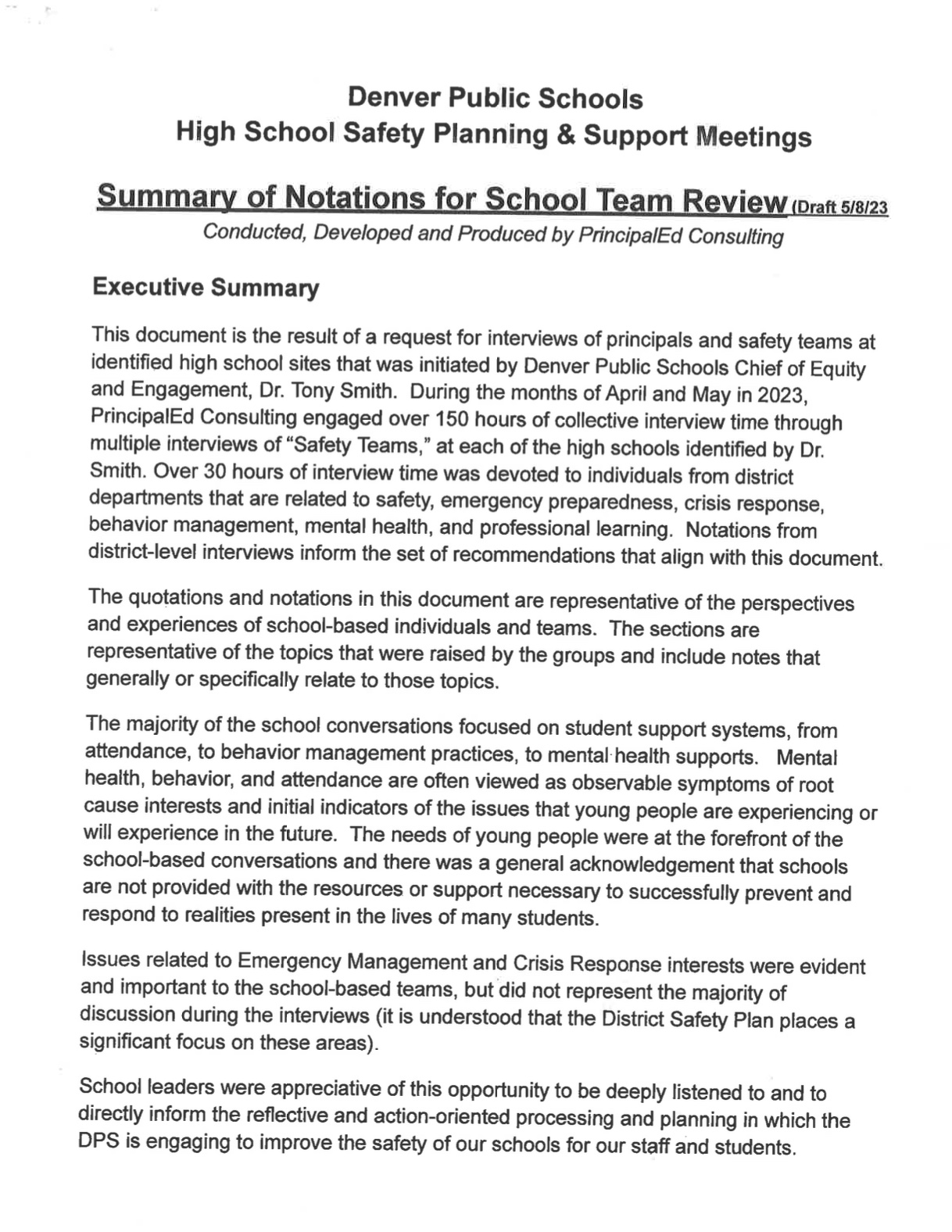 Screenshot of an undated draft version of the safety report conducted by John Youngquist, president of PrincipalEd Consulting, and withheld by Denver Public Schools.
