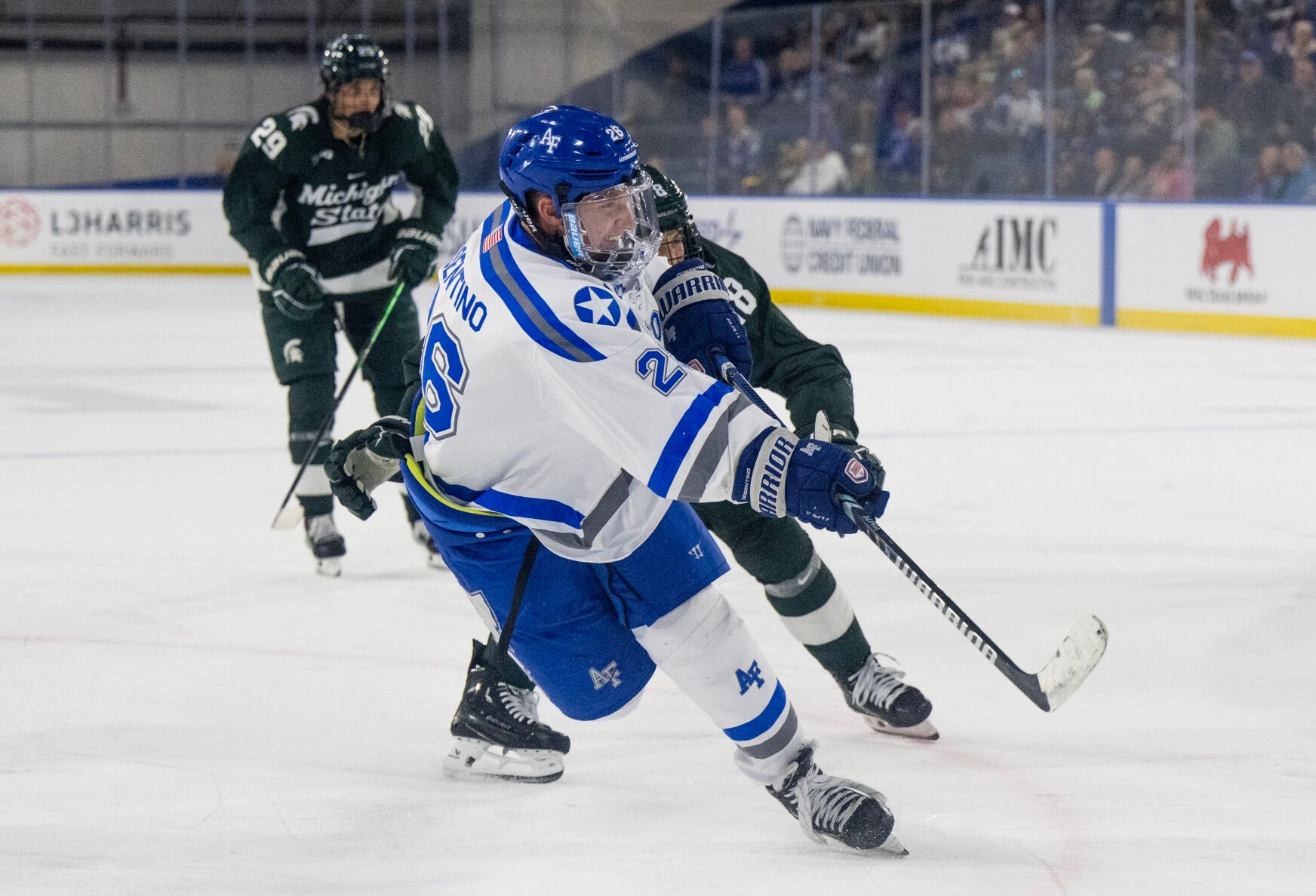 Air Force forward Clayton Cosentino (26) scores a goal in the second period of a NCAA college hockey game against Michigan State Thursday, Oct. 12, 2023, at the Cadet Ice Arena on the Air Force Academy in Colorado Springs, Colo. (Parker Seibold, The Gazette) (Parker Seibold)