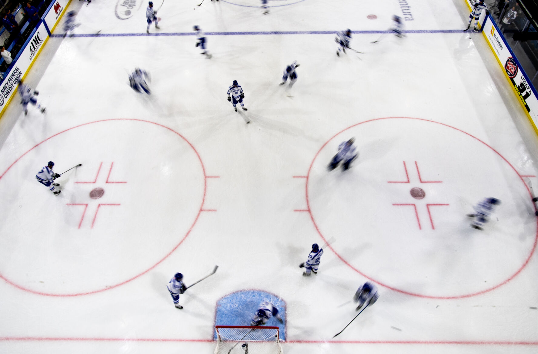 The Air Force Academy hockey team warms up before a game against Michigan State Thursday, Oct. 12, 2023, at the Cadet Ice Arena on the Air Force Academy in Colorado Springs, Colo. (Parker Seibold, The Gazette) (Parker Seibold)