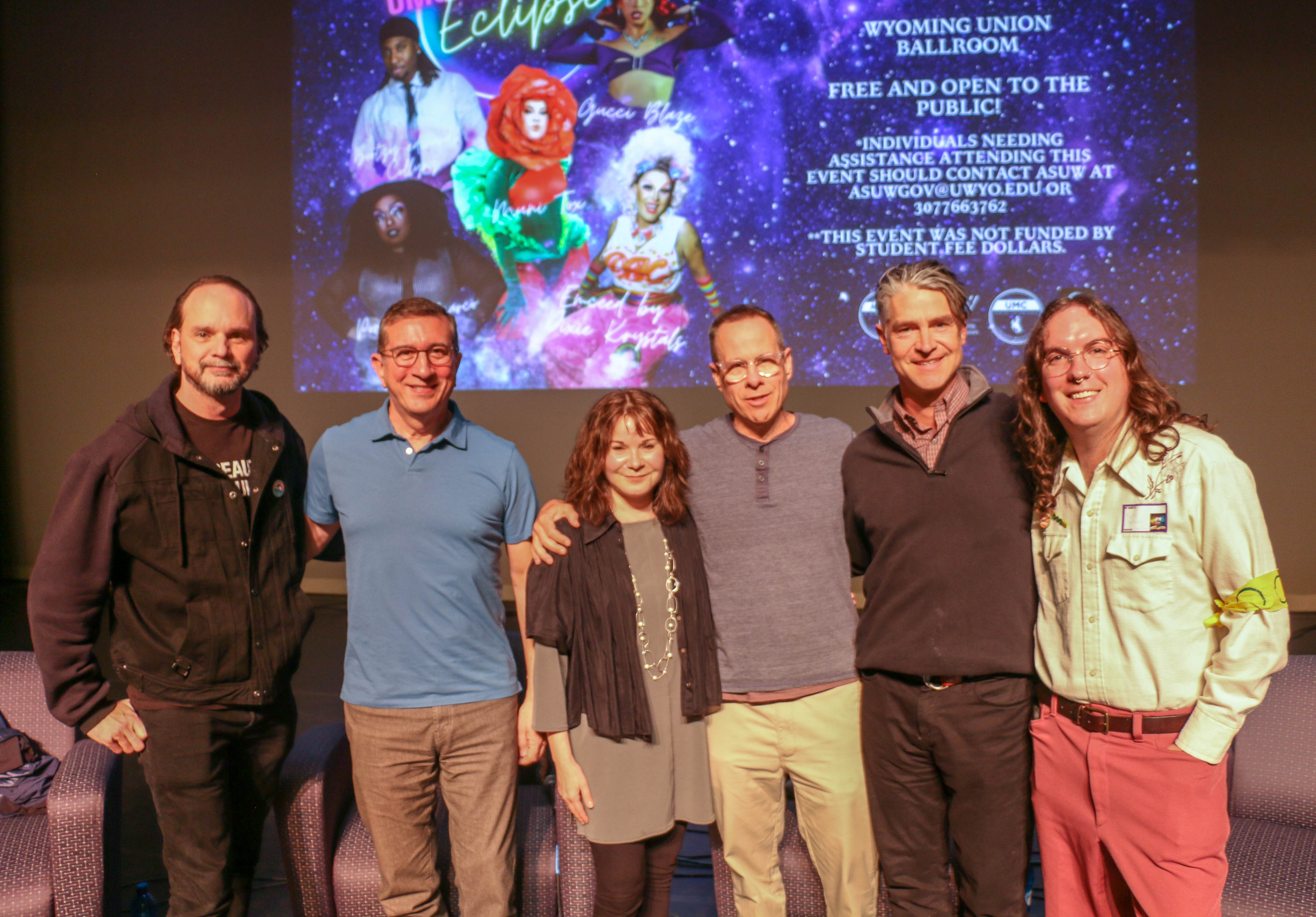 Members of Tectonic Theater Project, from left: Grant James Varjas, director Jeffrey LaHoste, Amanda Grolnich, Stephen Belber and Scott Barrow, with University of Wyoming panel moderator Koraline Wolfgang. Photo taken Oct. 11, 2023. (JOHN MOORE, DENVER GAZETTE)