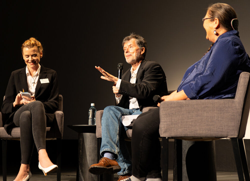 Documentarian Ken Burns was in Denver on Aug. 24, 2023, for a screening of his “The American Buffalo” at the Ellie Caulkins Opera House. He's with Kate Perdoni of Rocky Mountain PBS, left, and Rosalyn LaPier, who is featured in the film, which makes its two-part, four-hour film makes its national telecast debut Oct. 16-17 on all PBS stations. (Aaliah Hartley)