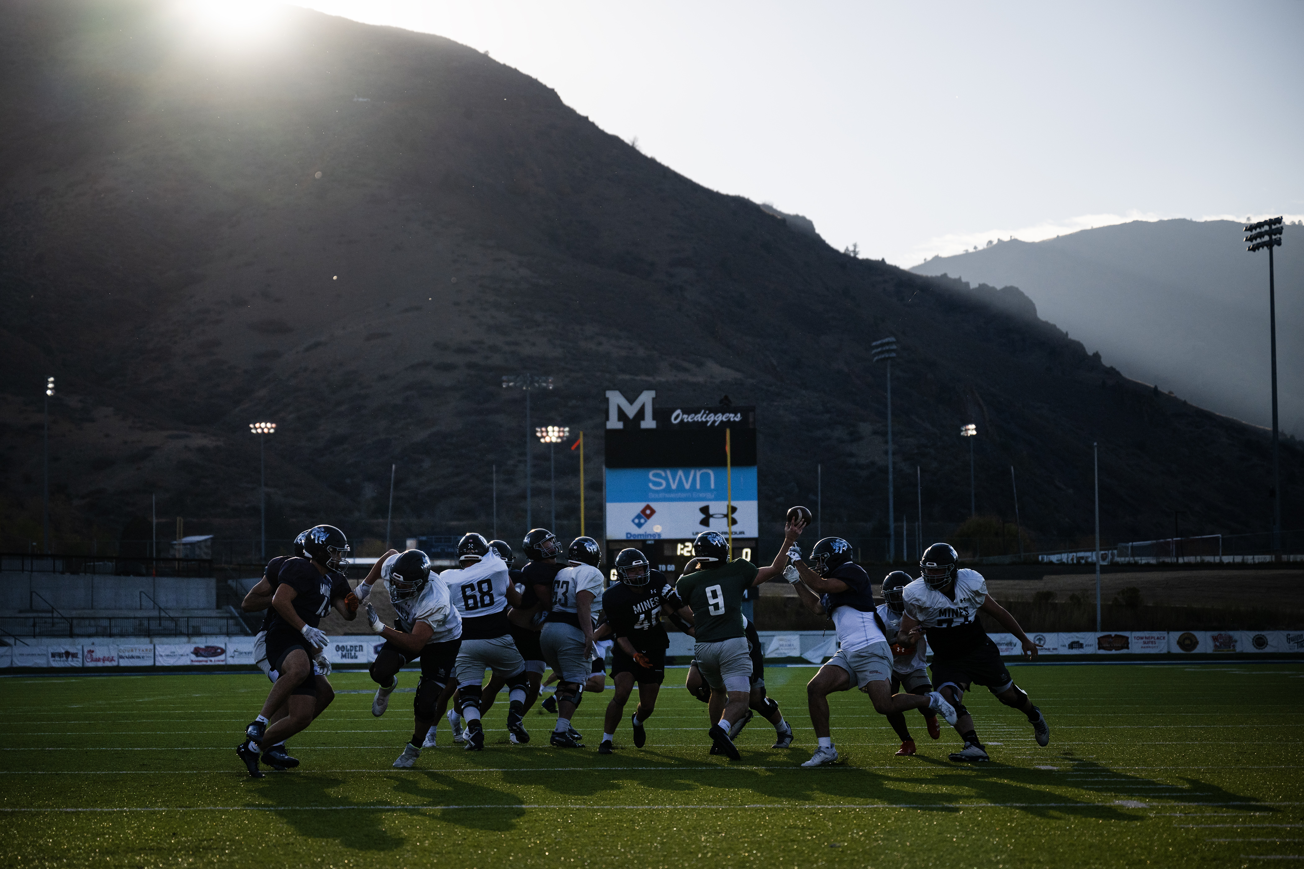 Colorado School of Mines football players go through a two-minute-drill during a practice on Wednesday, Oct. 25, 2023, at Marv Kay Stadium in Golden, Colo. (Timothy Hurst/Denver Gazette) (TimHursttim.hurst@gazette.comhttps://secure.gravatar.com/avatar/aca82bd62b4ee425c598527cd6faa1b1?d=mm&r=g)