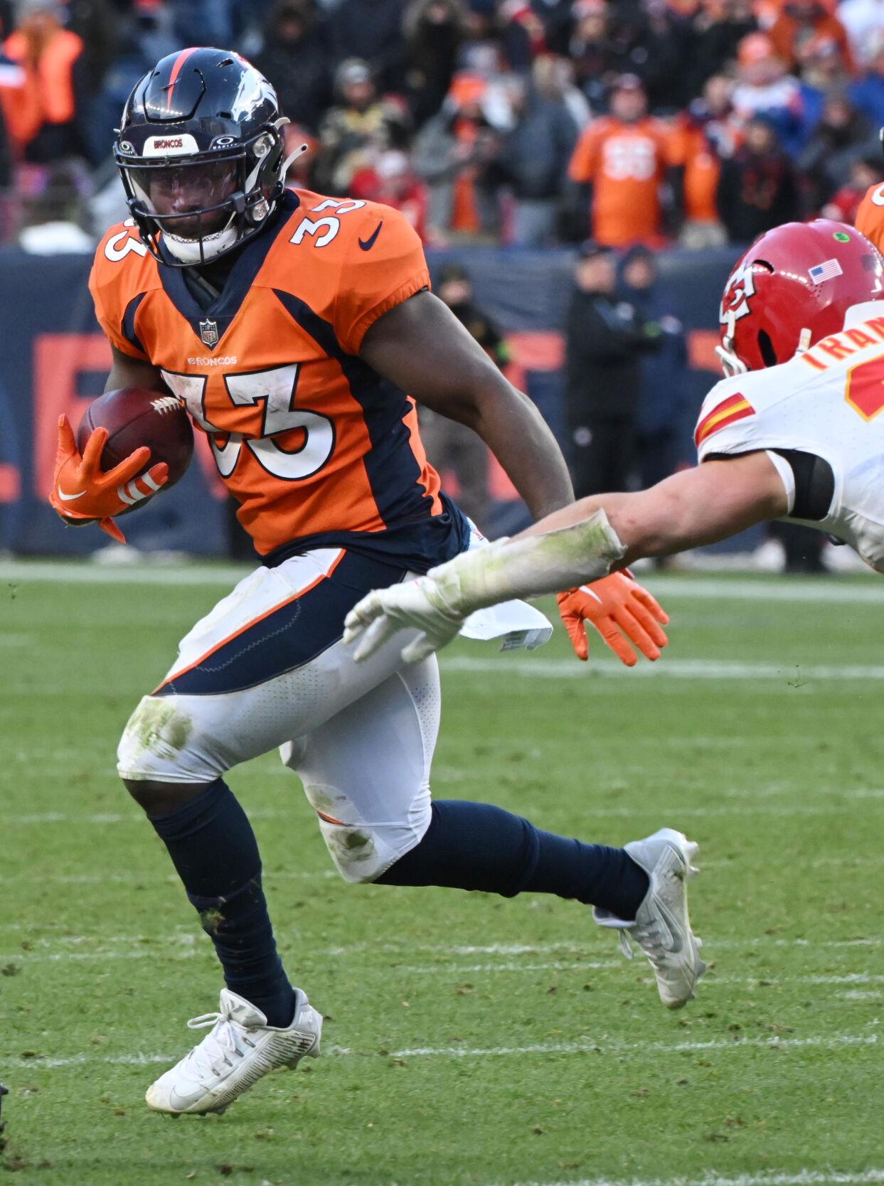 Denver Broncos running back Javonte Williams (33) runs with the ball during a game at Empower Field at Mile High on Sunday, Oct. 30, 2023. The Broncos defeated the Chiefs 24-9. (Photo by Jerilee Bennett, The Gazette)