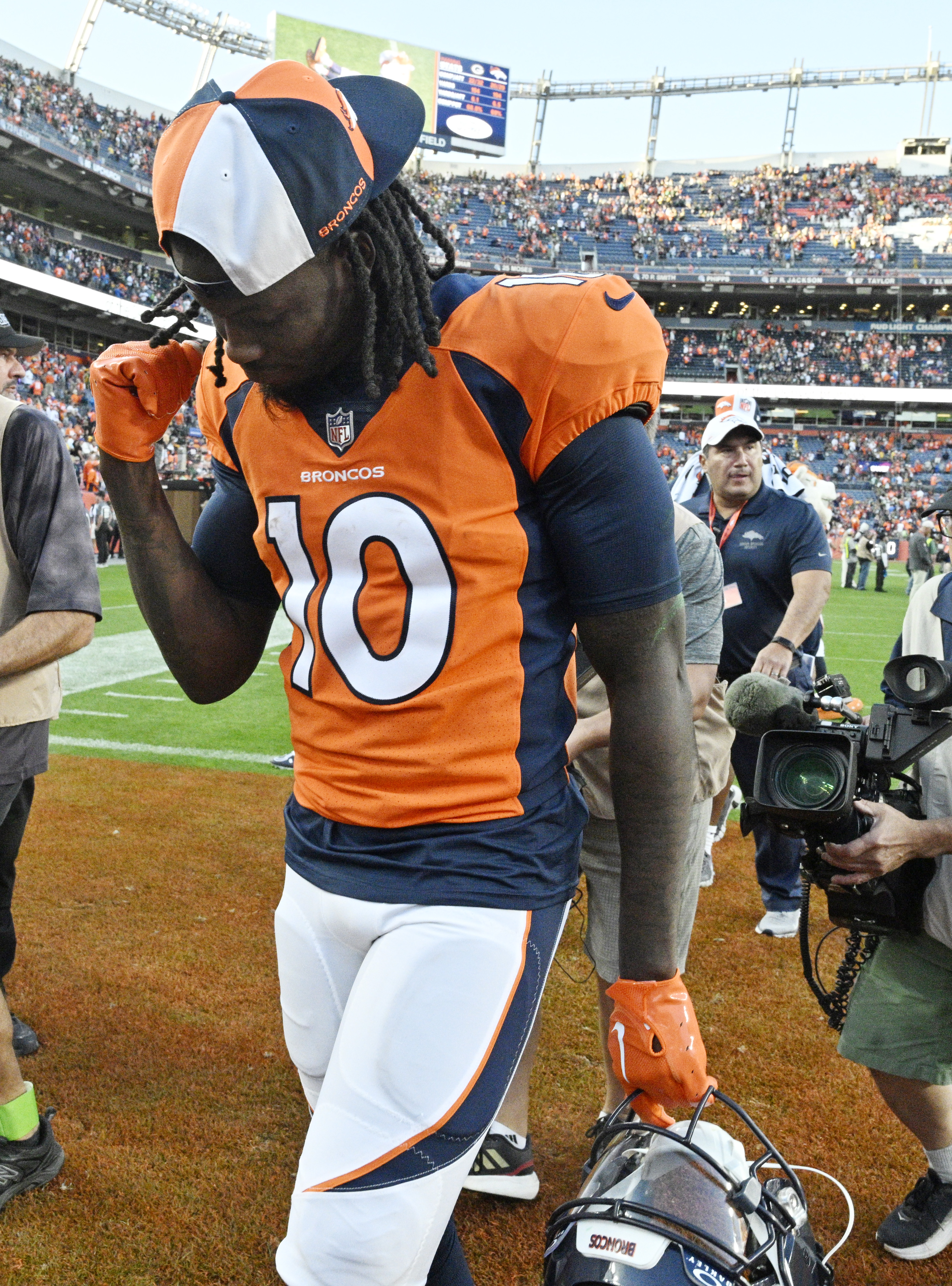 Broncos wide receiver Jerry Jeudy pumps his fist while leaving the field after a Broncos win at Empower Field at Mile High on Sunday, Oct. 22, 2023. The Broncos defeated the Packers 19-17. (Photo by Jerilee Bennett, The Gazette)