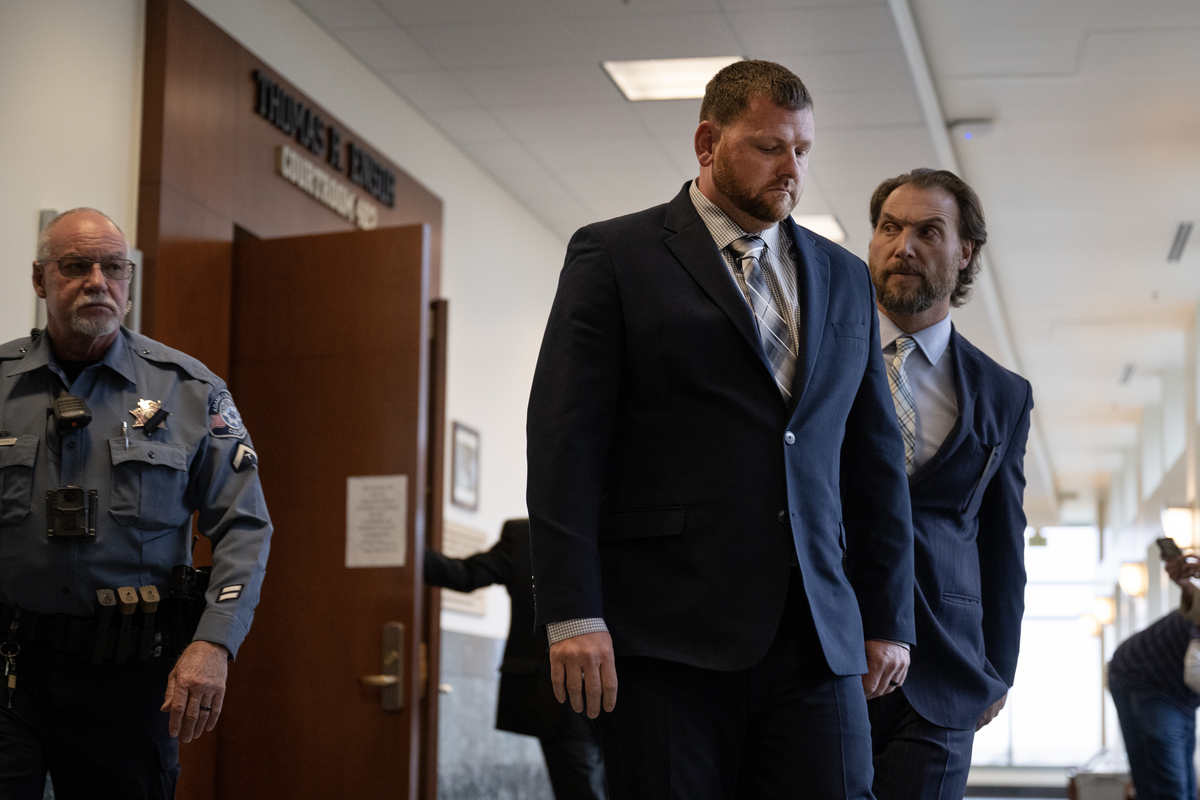 Aurora Officer Randy Roedema leaves the courtroom after the verdicts were read in the trial of himself and former officer Jason Rosenblatt on Thursday, Oct. 12, 2023, at the Adams County Court in in Brighton, Colo. He was allowed to continue his pre-trial bail conditions, despite being convicted of criminally negligent homicide and third-degree assault. (Timothy Hurst/Denver Gazette) (TimHursttim.hurst@gazette.comhttps://secure.gravatar.com/avatar/aca82bd62b4ee425c598527cd6faa1b1?d=mm&r=g)