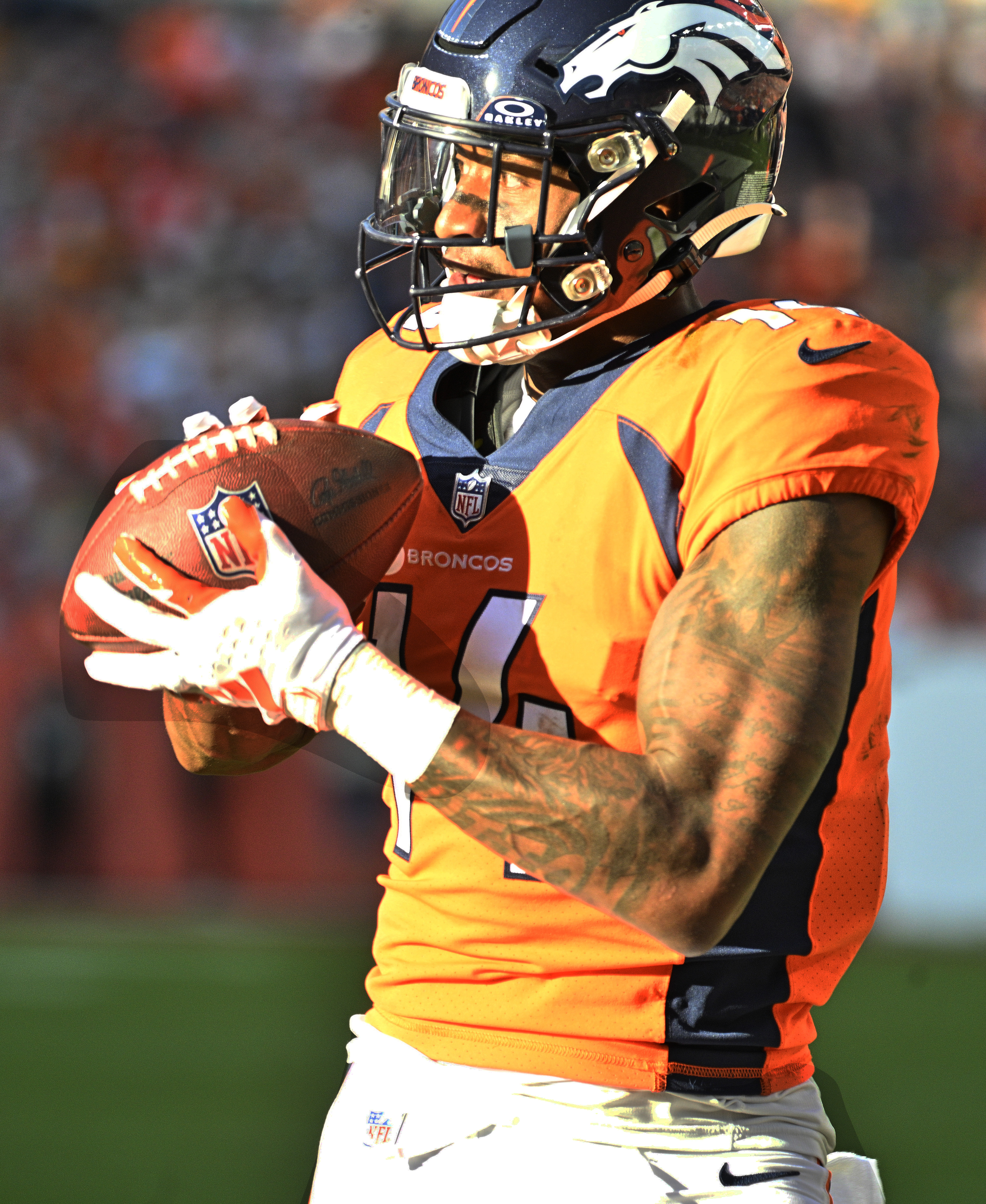 Broncos wide receiver Courtland Sutton makes a touchdown pass in the third quarter during a game against the Packers at Empower Field at Mile High on Sunday, Oct. 22, 2023. The Broncos won the game 19-17.