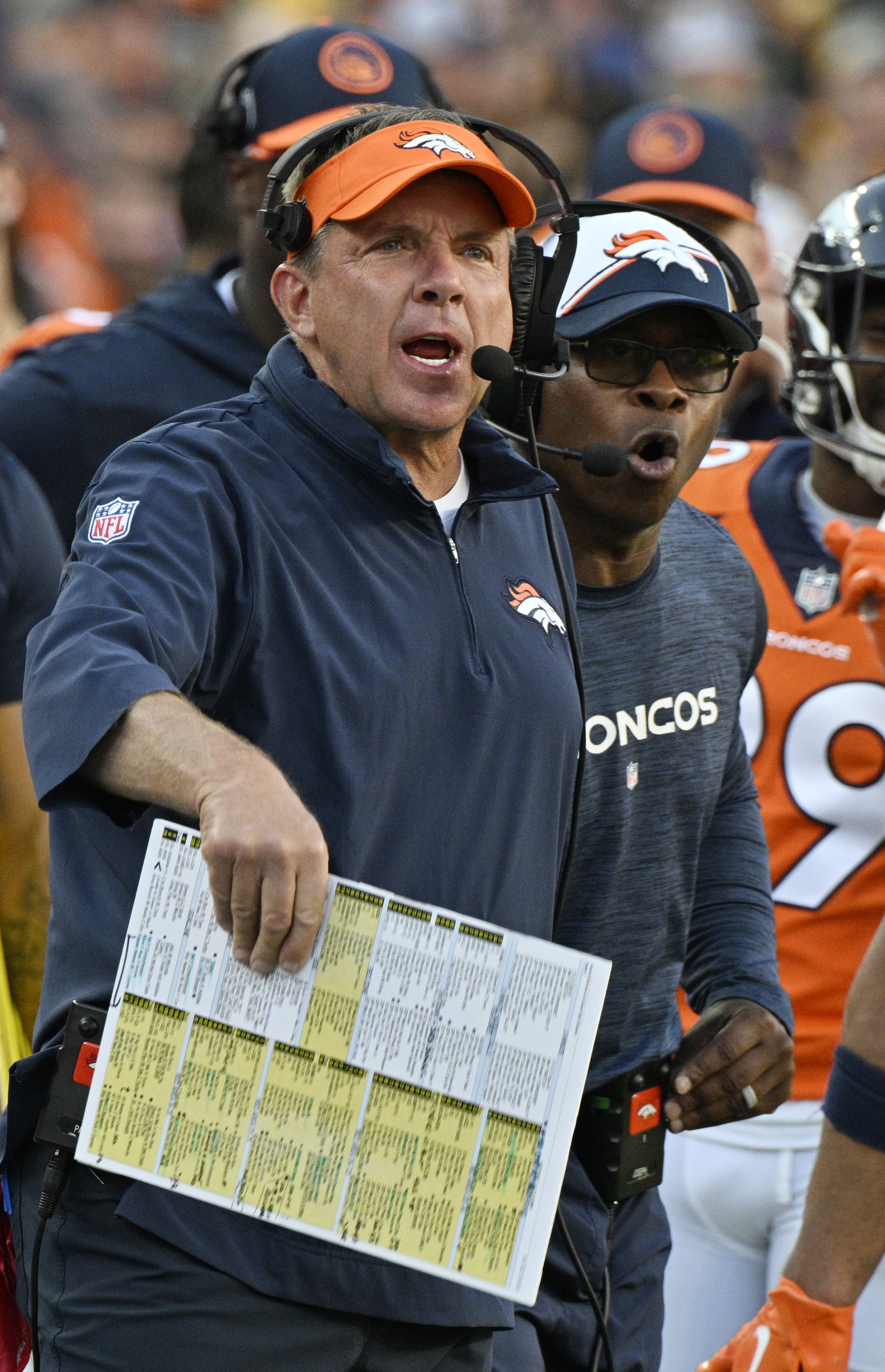 Denver Broncos Head Coach Sean Payton and Defensive Coordinator Vance Joseph don’t look very happy as the Packers march down the field near the end of a game at Empower Field at Mile High on Sunday, Oct. 22, 2023. (Photo by Jerilee Bennett, The Gazette)