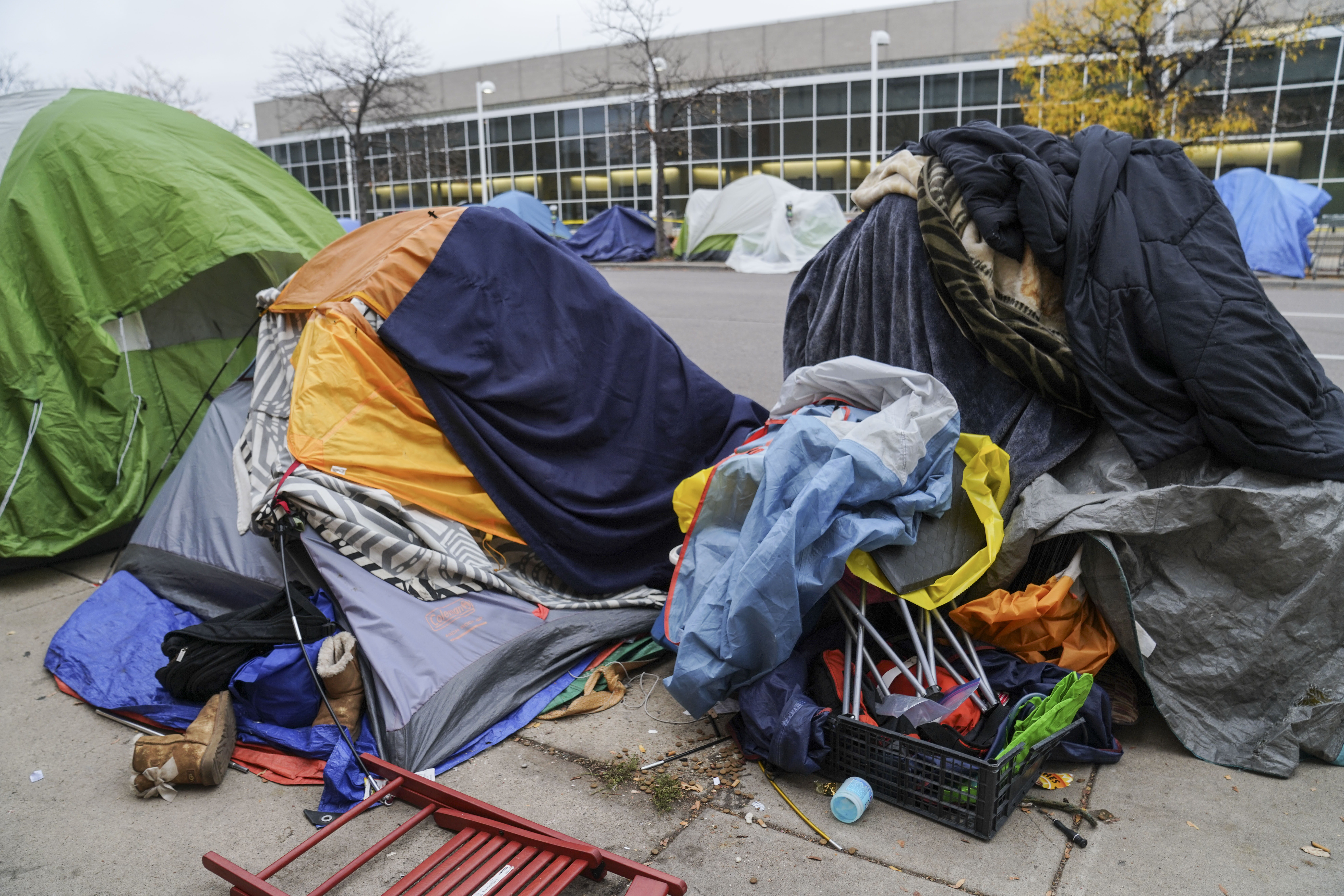 Tents line the sidewalks near 21st and Curtis Street on Thursday, Oct. 26, 2023 in Denver, Colorado. Some 50 homeless people at the encampment are being offered hotel housing as cold weather approaches, according to the mayor’s office. The city is planning to sweep the encampment. (PHOTO: Rebecca Slezak/Special to The Denver Gazette) (Rebecca Slezak)