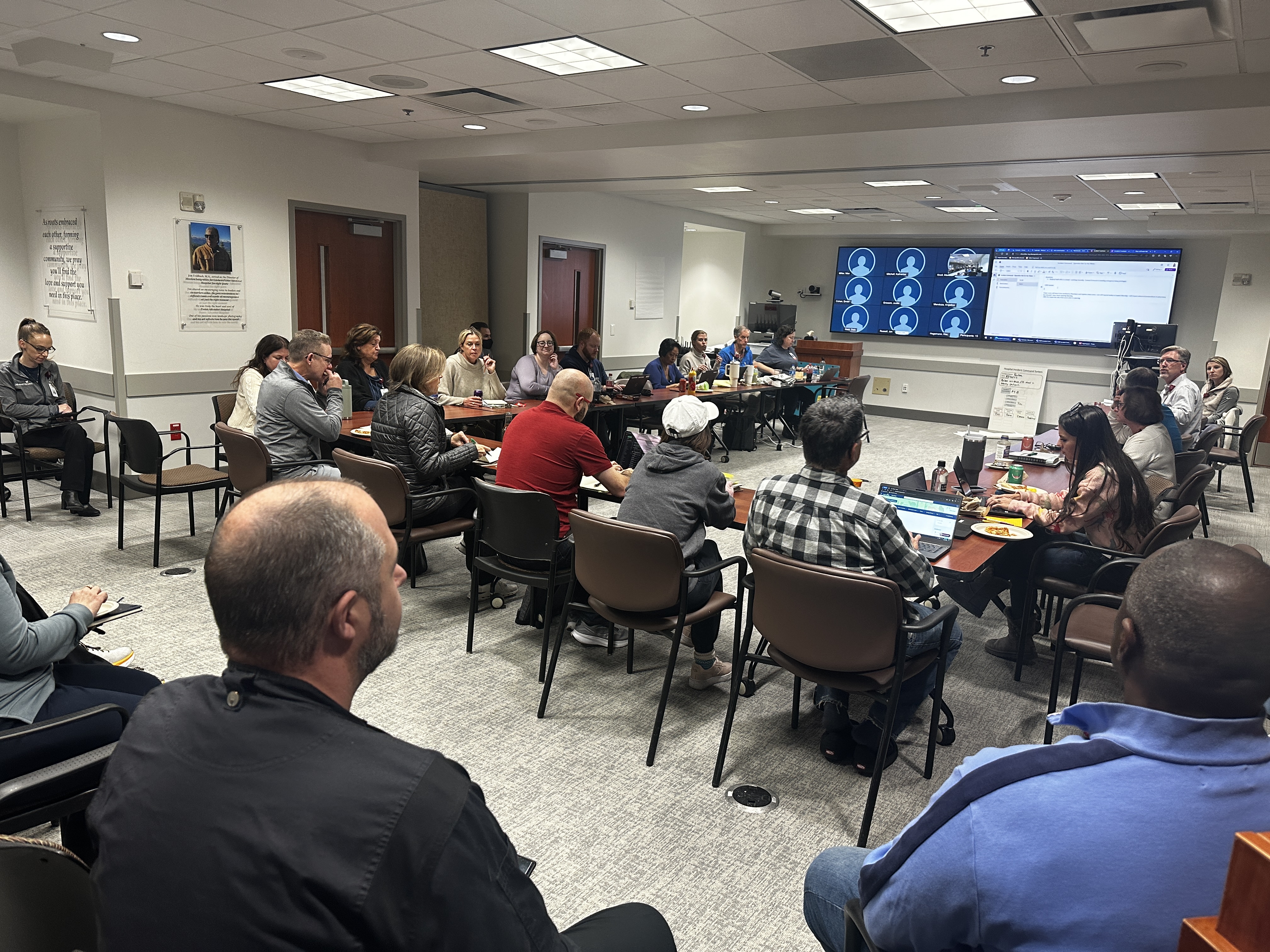 AdventHealth team members from all hospital modalities, from EVS, case management, to nursing and nutrition services gather at AdventHealth Porter to relocate patients to beds in nearby sister hospitals in Castle Rock, Parker and Littleton. (Courtesy: AdventHealth Porter)