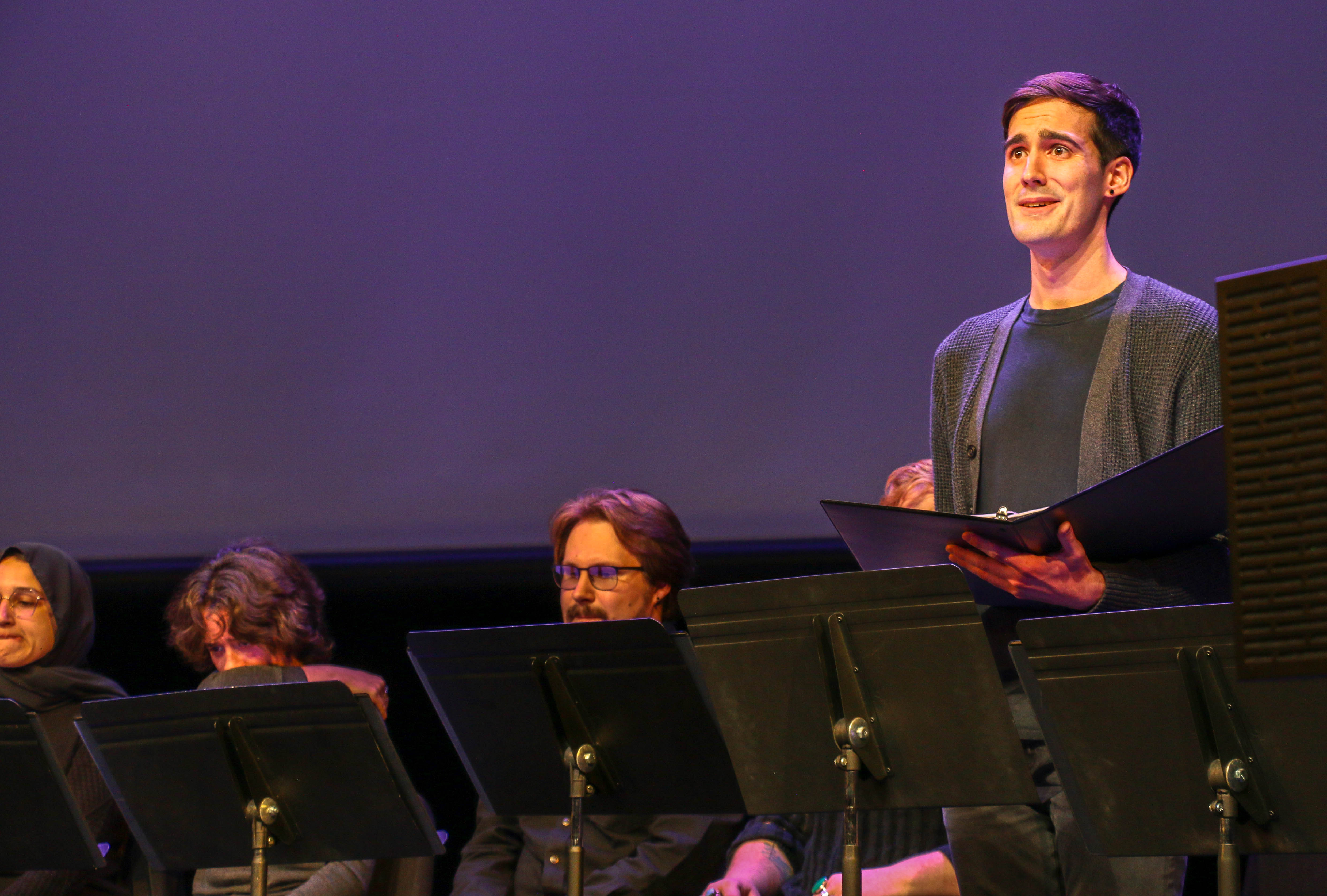 University of Wyoming student Jared Mohr-Leiva participates in 'The Laramie Project' 25th anniversary reading with the Tectonic Theater Project in Laramie on Oct. 11, 2023. (JOHN MOORE, DENVER GAZETTE)