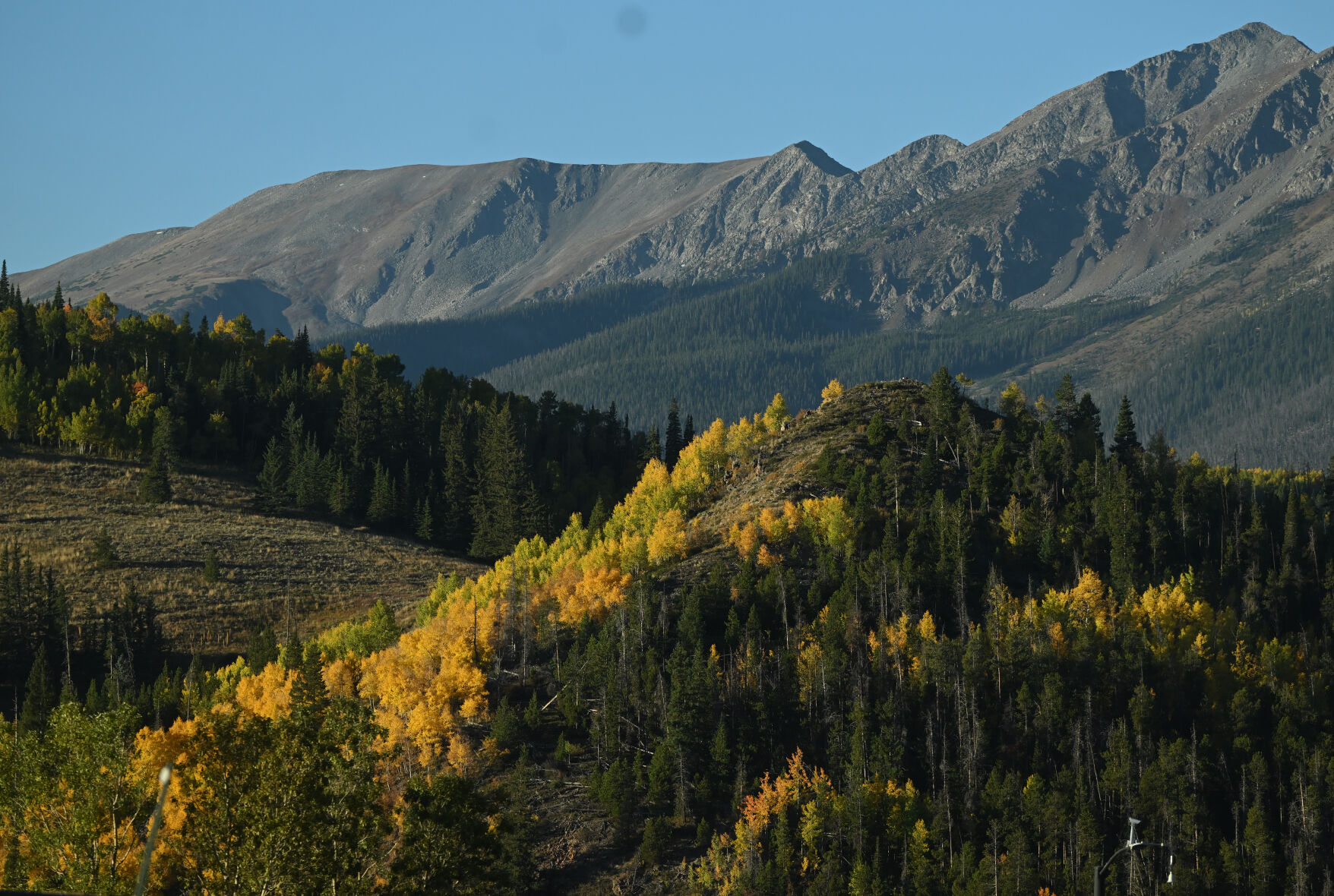 Changing aspen trees line a hill above Lake Dillon on Monday, Sept. 25, 2023. (Photo by Jerilee Bennett, The Gazette)