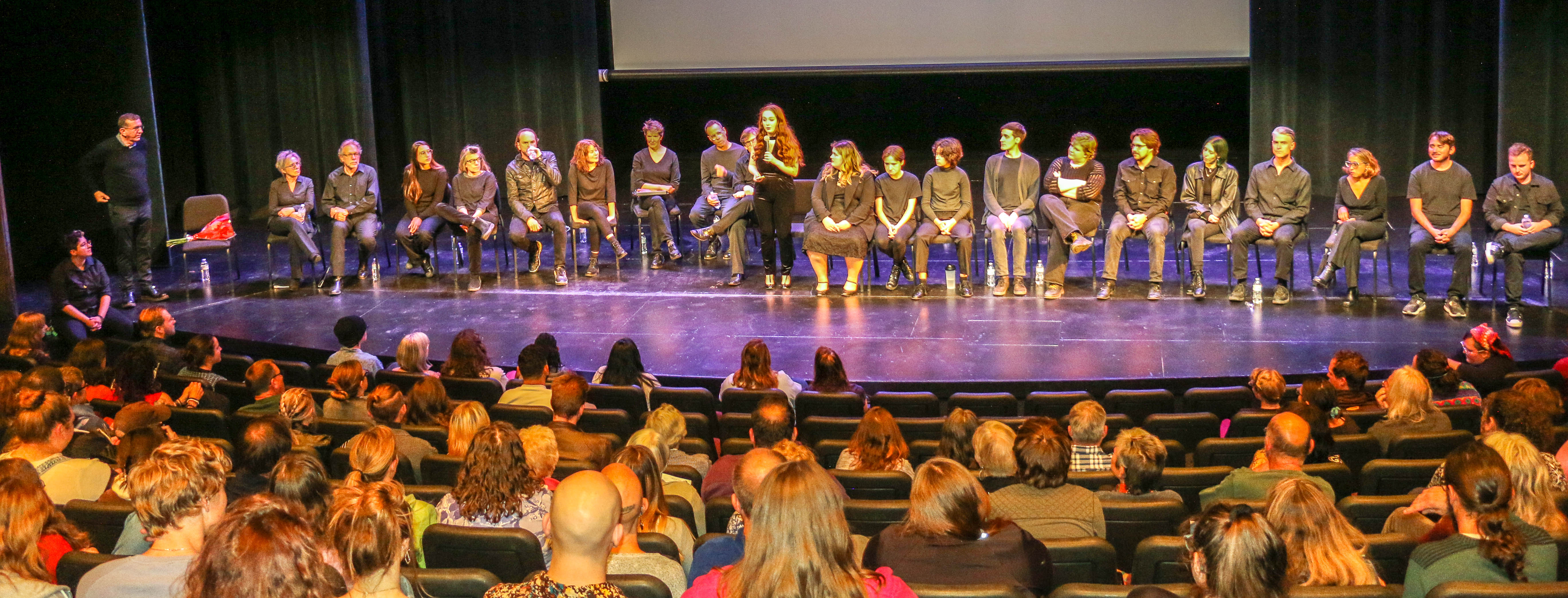 The audience talkback following 'The Laramie Project' 25th anniversary reading with the Tectonic Theater Project in Laramie on Oct. 11, 2023. (JOHN MOORE, DENVER GAZETTE)