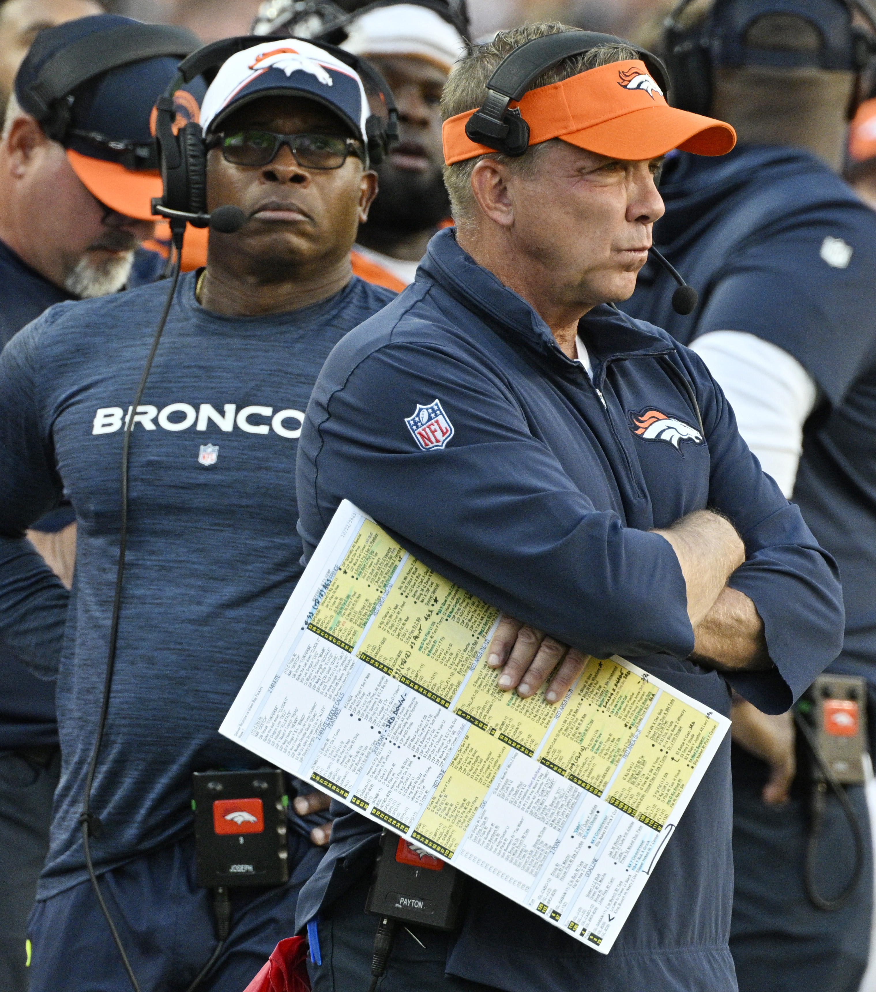 Denver Broncos Head Coach Sean Payton and Defensive Coordinator Vance Joseph don’t look very happy as the Packers march down the field near the end of a game at Empower Field at Mile High on Sunday, Oct. 22, 2023. (Photo by Jerilee Bennett, The Gazette)